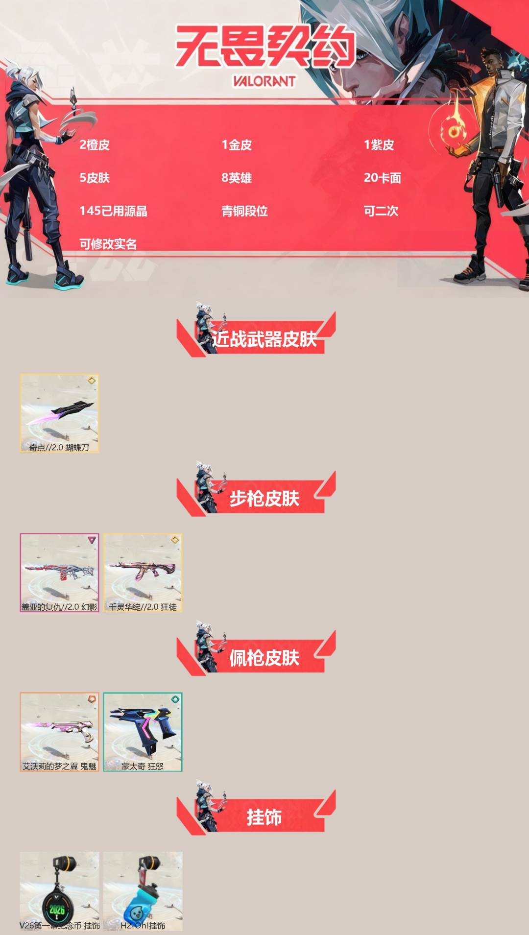 无畏契约账号QQ[]2橙皮 1金皮 1紫皮 5皮肤 8英雄 20卡面 145已用源晶 青铜段位 可二次 可修改实名 
【近战武器皮肤】蝴蝶刀-奇点//2.0
【佩枪皮肤】蒙太奇 狂怒,鬼魅-艾沃莉的梦之翼
【步枪皮肤