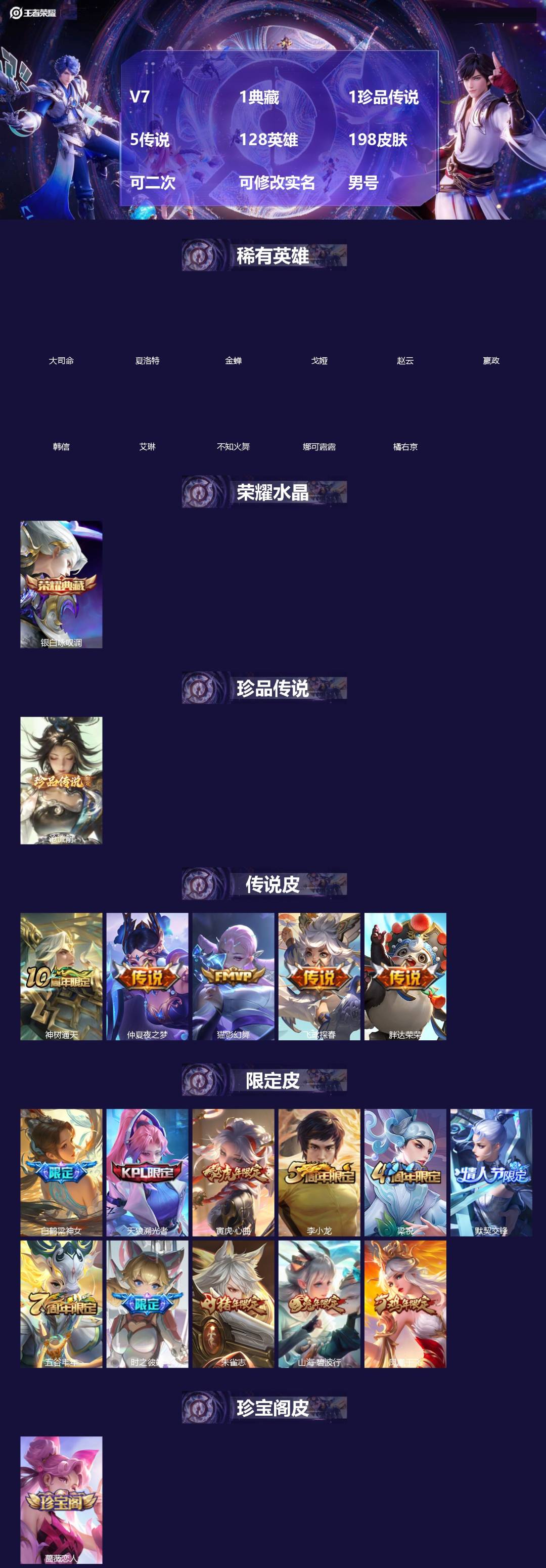 王者荣耀账号安卓QQ[19262364]V7 1典藏 1珍品传说 5传说 128英雄 198皮肤 可二次 可修改实名 男