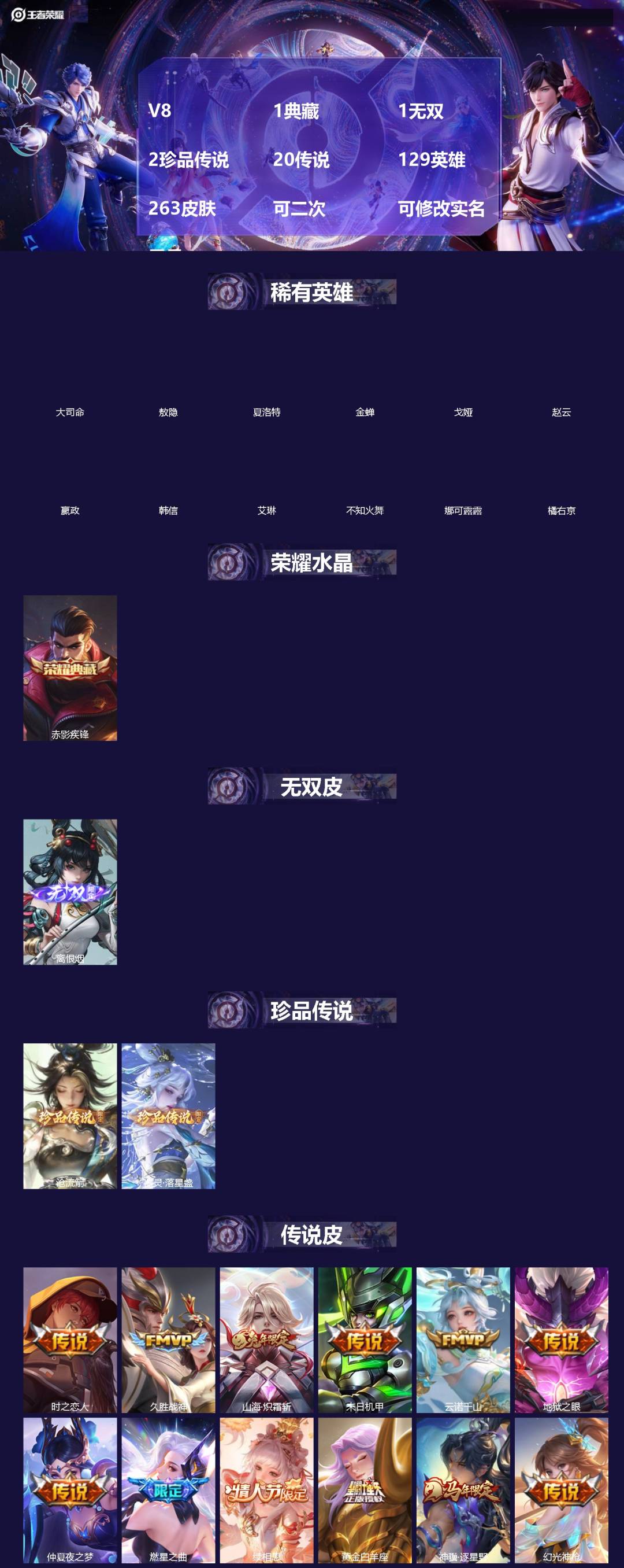 王者荣耀账号安卓QQ[]V8 1典藏 1无双 2珍品传说 20传说 129英雄 263皮肤 可二次 可修改实名 男号 
【英雄全皮】敖隐全皮,孙权全皮,苍全皮,大禹全皮
【稀有英雄】敖隐(小龙人),大司命,嬴政(始皇帝)