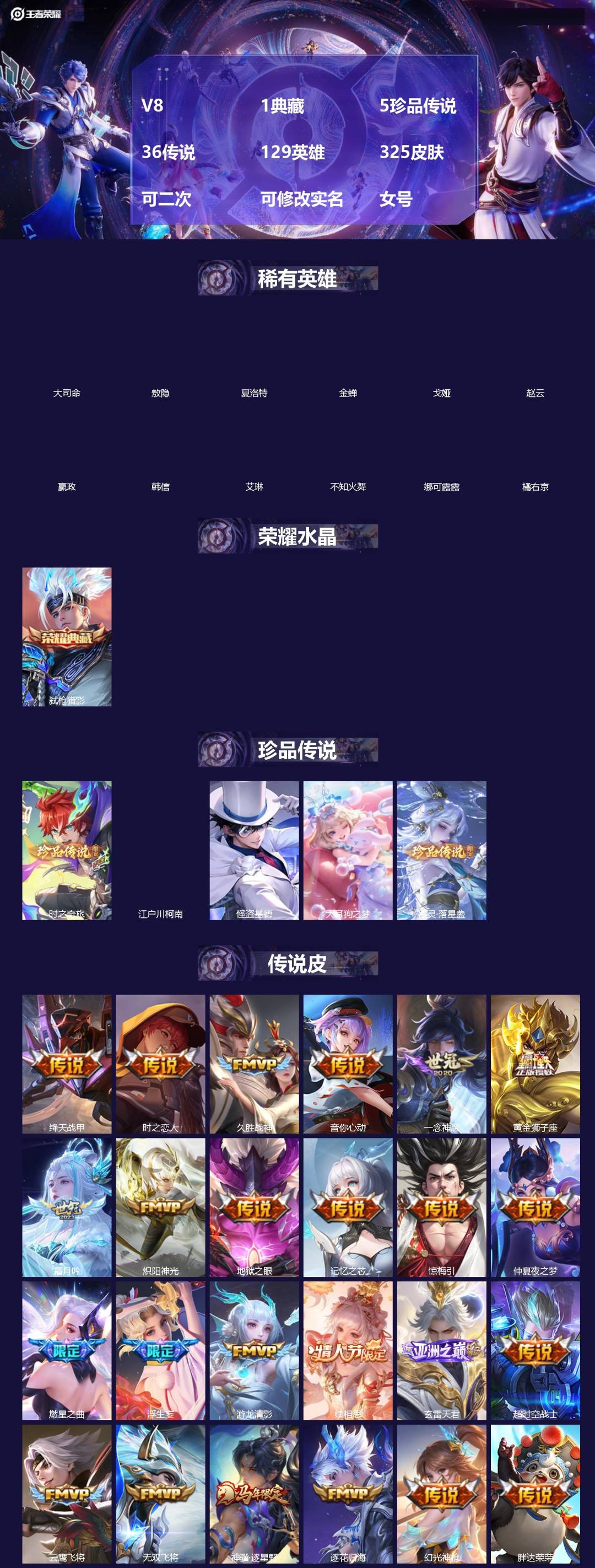 王者荣耀账号安卓VX[]V8 1典藏 5珍品传说 36传说 129英雄 325皮肤 可二次 可修改实名 女号 
【英雄全皮】司空震全皮,西施全皮,鬼谷子全皮,戈娅全皮,夏洛特全皮,影全皮,大禹全皮
【稀有英雄】敖隐(小龙