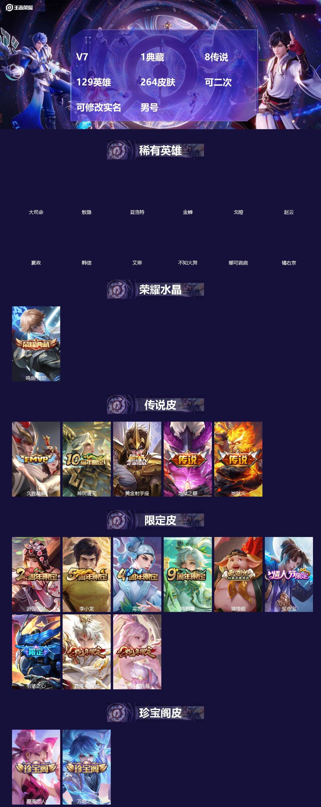 王者荣耀账号安卓QQ[]V7 1典藏 8传说 129英雄 264皮肤 可二次 可修改实名 男号 
【英雄全皮】敖隐全皮,大禹全皮
【稀有英雄】敖隐(小龙人),大司命,嬴政(始皇帝),韩信(韩跳跳),夏洛特(夏师傅),艾琳