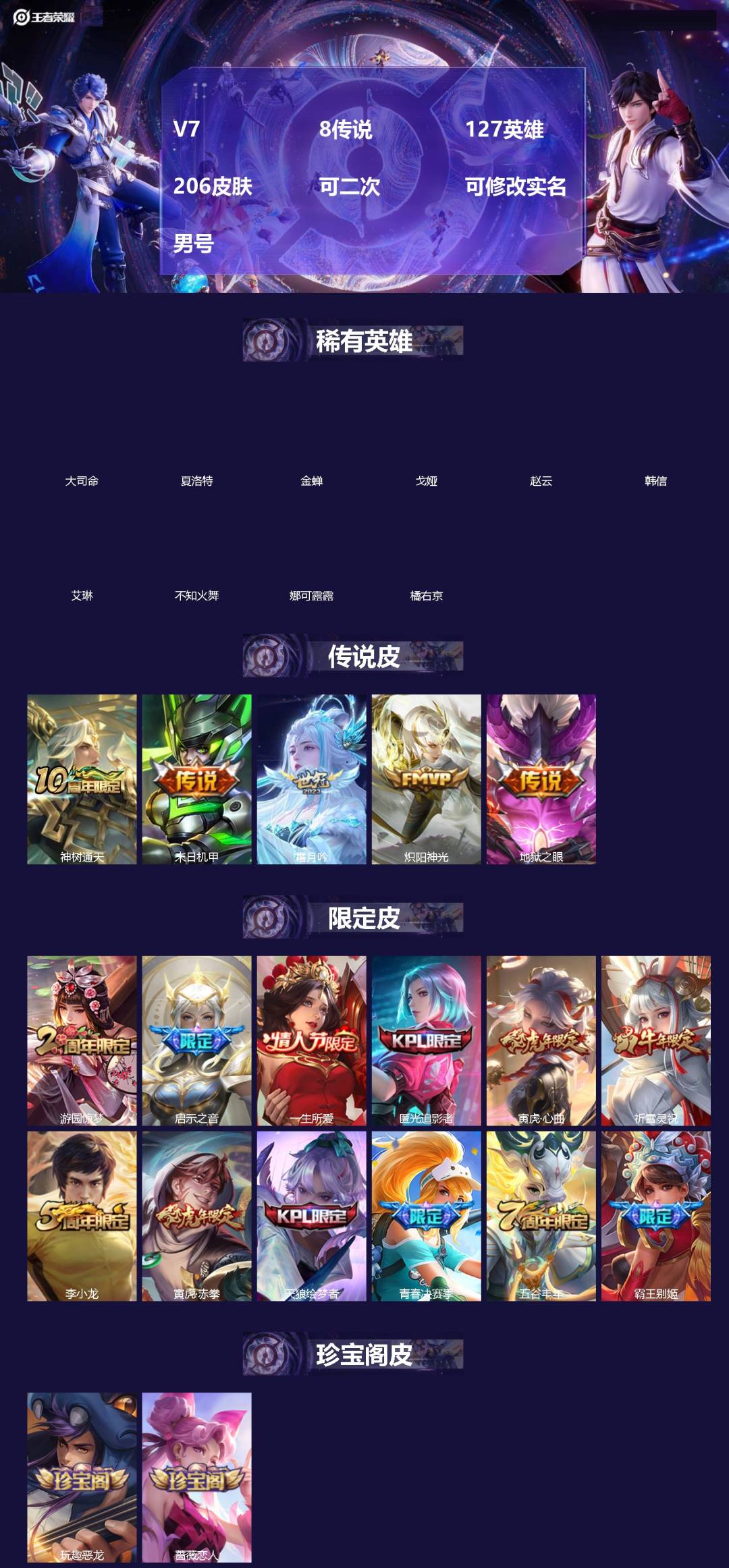 王者荣耀账号苹果QQ[]V7 8传说 127英雄 206皮肤 可二次 可修改实名 男号 
【英雄全皮】露娜全皮,大禹全皮
【稀有英雄】大司命,韩信(韩跳跳),夏洛特(夏师傅),艾琳,橘右京(橘子),娜可露露(鸟人),不知