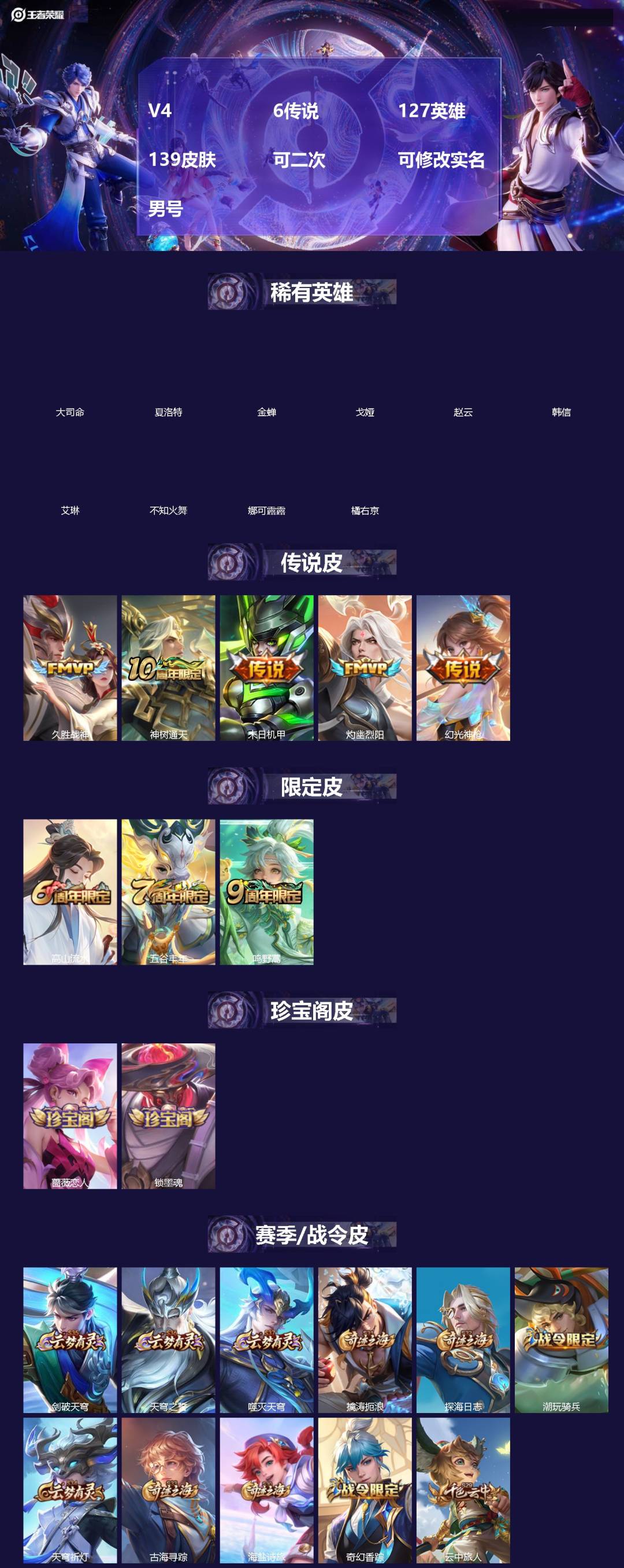 王者荣耀账号安卓VX[]V4 6传说 127英雄 139皮肤 可二次 可修改实名 男号 
【英雄全皮】蚩奼全皮,影全皮,大禹全皮
【稀有英雄】大司命,韩信(韩跳跳),夏洛特(夏师傅),艾琳,橘右京(橘子),娜可露露(鸟人