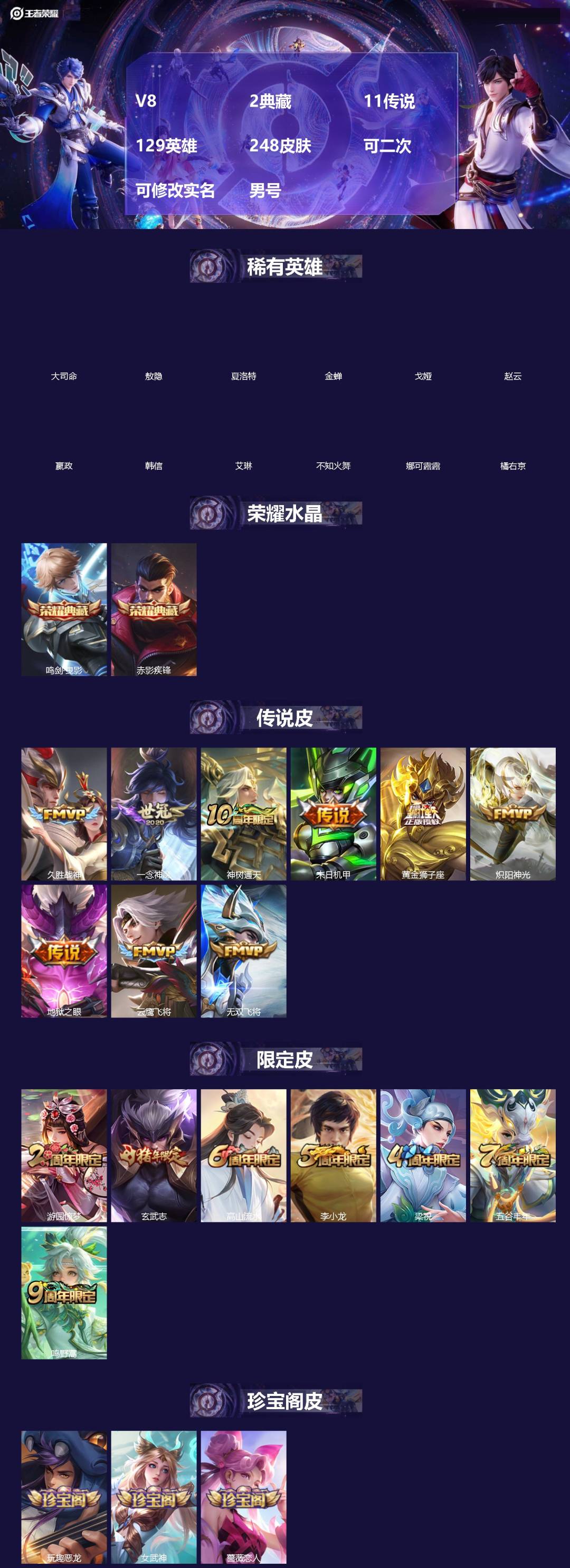 王者荣耀账号苹果QQ[]V8 2典藏 11传说 129英雄 248皮肤 可二次 可修改实名 男号 
【英雄全皮】敖隐全皮,孙权全皮,大禹全皮
【稀有英雄】敖隐(小龙人),大司命,嬴政(始皇帝),韩信(韩跳跳),夏洛特(夏