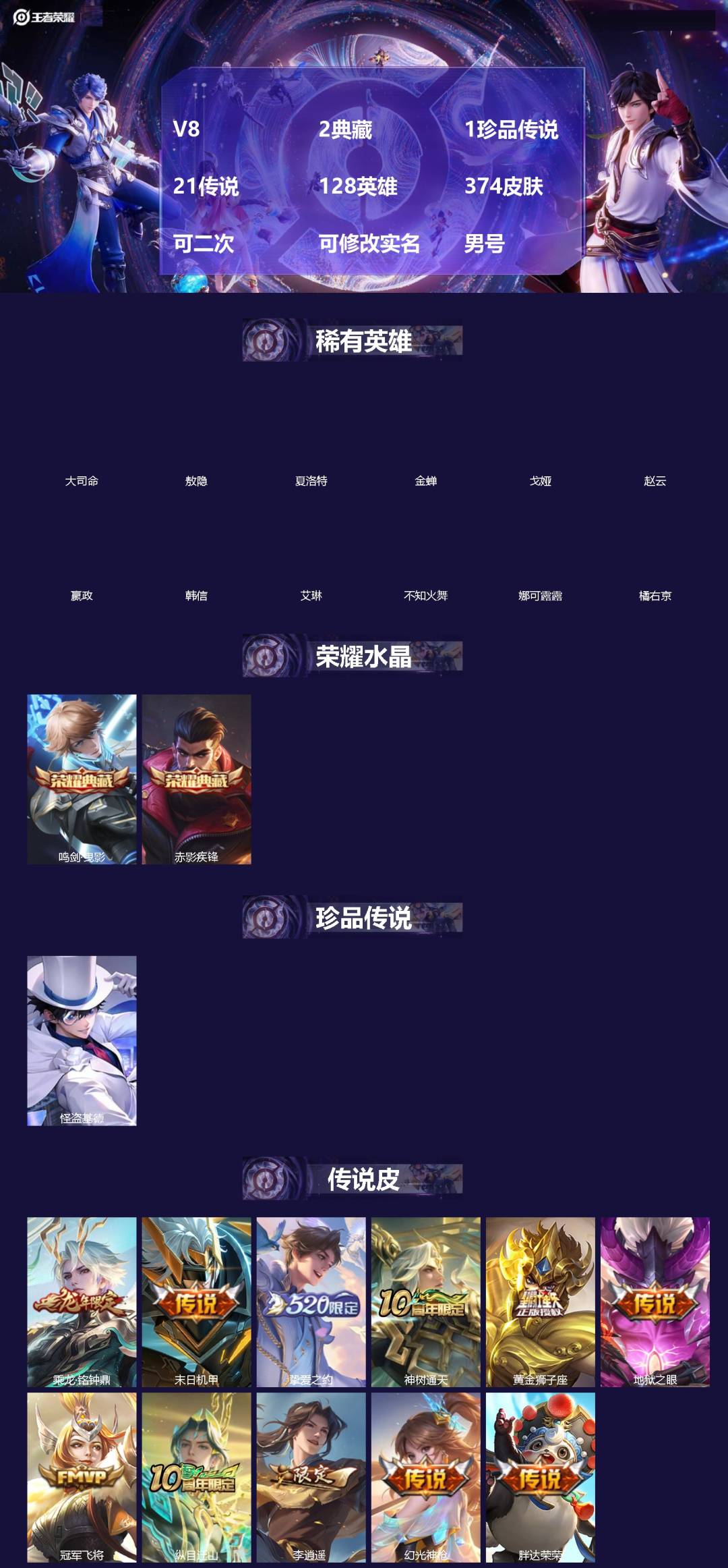 王者荣耀账号安卓QQ[]V8 2典藏 1珍品传说 21传说 128英雄 374皮肤 可二次 可修改实名 男号 
【英雄全皮】狂铁全皮,刘邦全皮,猪八戒全皮
【稀有英雄】敖隐(小龙人),大司命,嬴政(始皇帝),韩信(韩跳跳