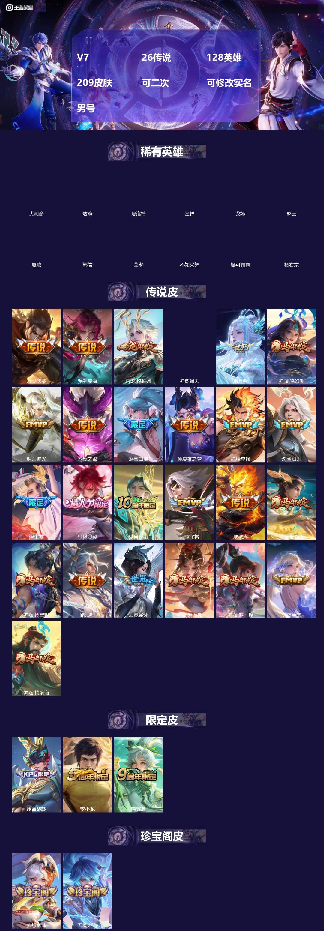 王者荣耀账号苹果QQ[]V7 26传说 128英雄 209皮肤 可二次 可修改实名 男号 
【英雄全皮】敖隐全皮,空空儿全皮,孙权全皮,蚩奼全皮,海诺全皮,影全皮,大禹全皮
【稀有英雄】敖隐(小龙人),大司命,嬴政(始皇