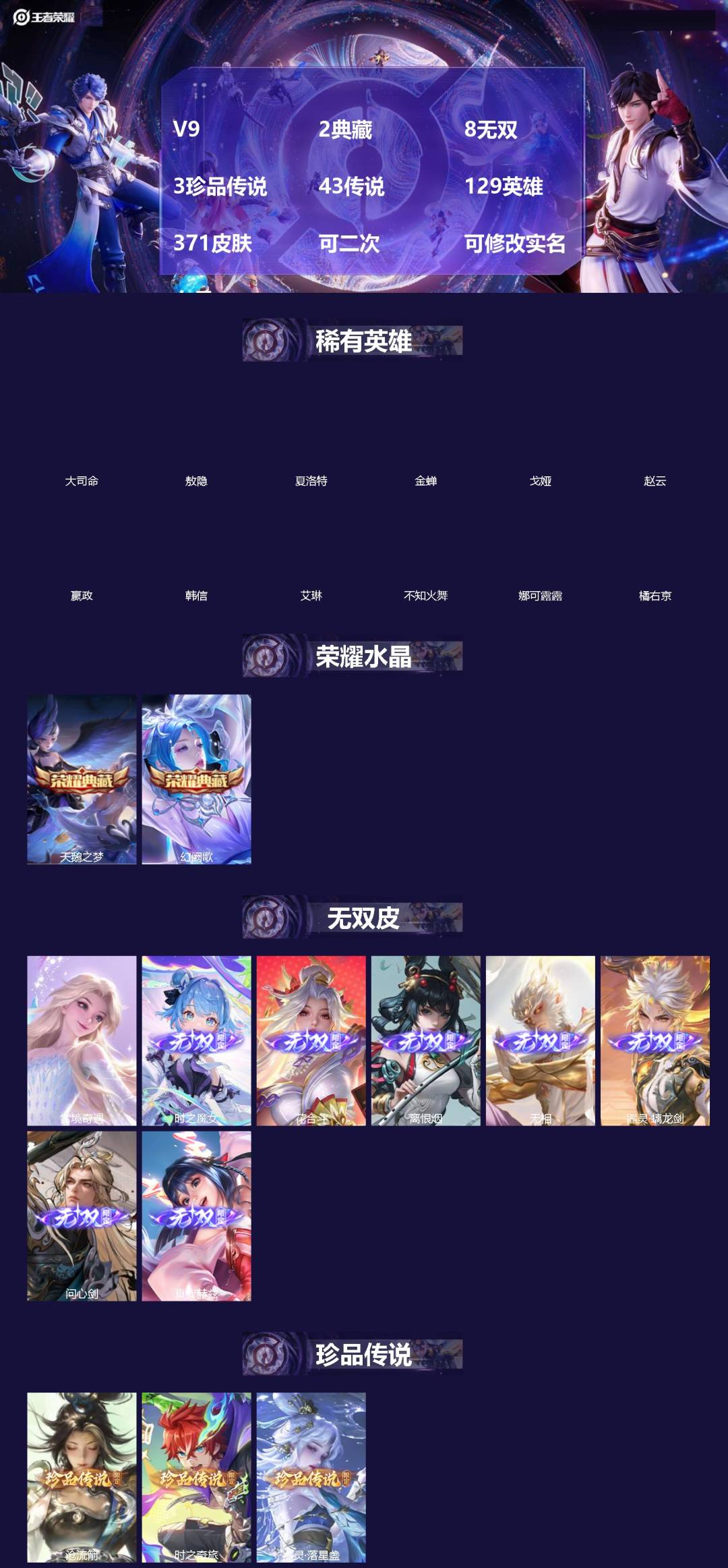 王者荣耀账号安卓QQ[]V9 2典藏 8无双 3珍品传说 43传说 129英雄 371皮肤 可二次 可修改实名 女号 
【英雄全皮】敖隐全皮,孙权全皮,蚩奼全皮,曜全皮,夏洛特全皮,猪八戒全皮,影全皮,大禹全皮
【稀有英
