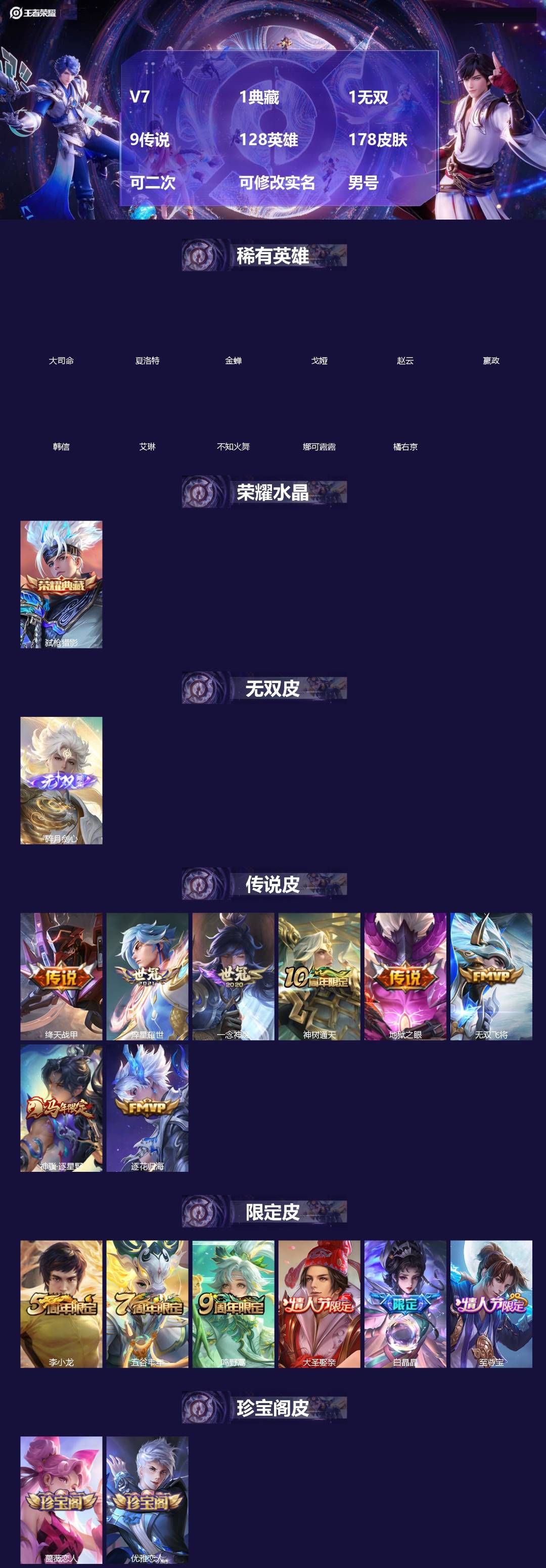 王者荣耀账号安卓VX[]V7 1典藏 1无双 9传说 128英雄 178皮肤 可二次 可修改实名 男号 
【英雄全皮】蚩奼全皮,大禹全皮
【稀有英雄】大司命,嬴政(始皇帝),韩信(韩跳跳),夏洛特(夏师傅),艾琳,橘右京