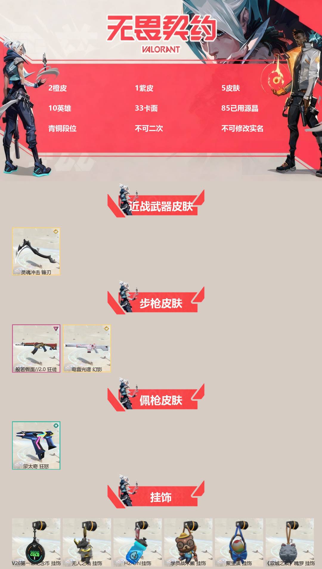 无畏契约账号QQ[]2橙皮 1紫皮 5皮肤 10英雄 33卡面 85已用源晶 青铜段位 不可二次 不可修改实名 
【近战武器皮肤】镰刃-灵魂冲击
【佩枪皮肤】蒙太奇 狂怒
【步枪皮肤】狂徒-般若假面//2.0,幻影-