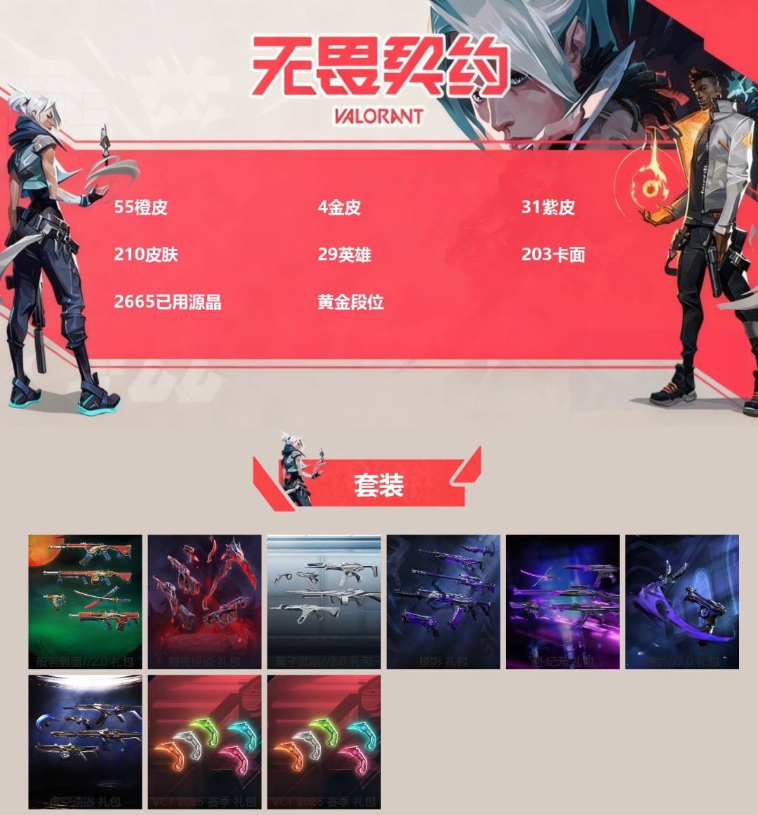 无畏契约账号QQ[]55橙皮 4金皮 31紫皮 210皮肤 29英雄 203卡面 2665已用源晶 黄金段位 
【套装】VCT 2025赛季礼包,VCTCN2025套装,创·纪元套装,般若假面//2.0套装,掠影套装