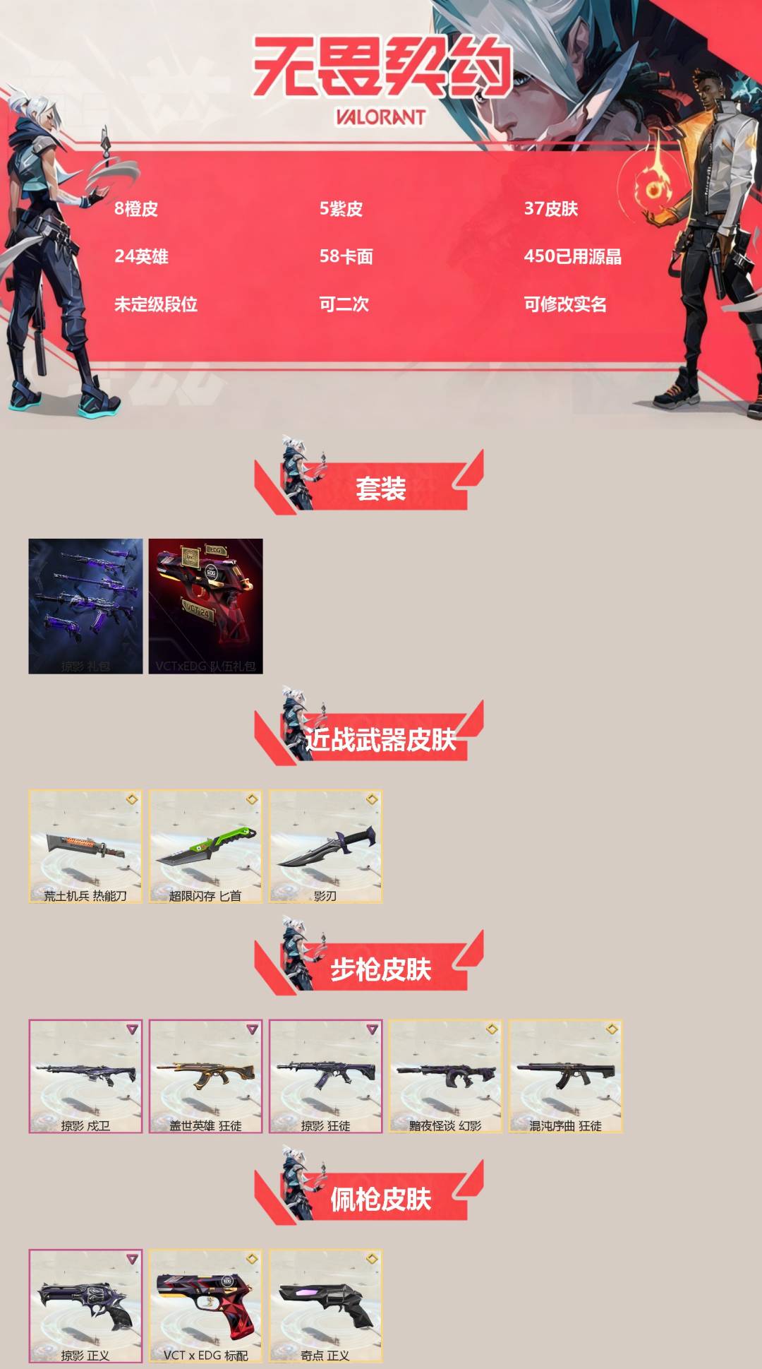 无畏契约账号QQ[]8橙皮 5紫皮 37皮肤 24英雄 58卡面 450已用源晶 未定级段位 可二次 可修改实名 
【套装】掠影套装,VCT 2026队伍礼包
【近战武器皮肤】荒土机兵热能刀,影刃,匕首-超限闪存
【