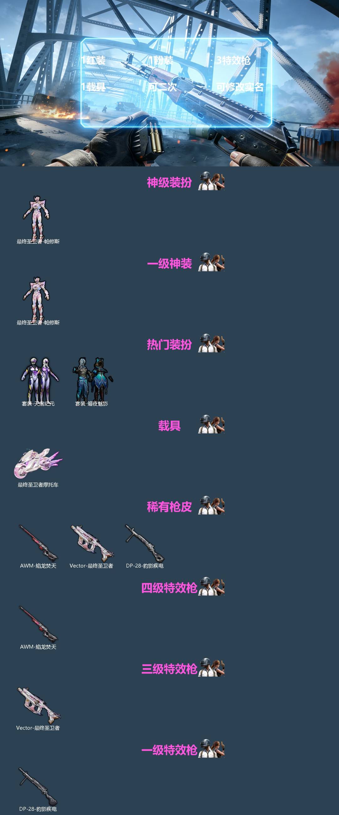 和平精英账号苹果QQ[]1红装 1粉装 3特效枪 1载具 可二次 可修改实名 
【一级神装】一级最终圣卫者-帕修斯
【热门装扮】天启纪元,暗夜魅影
【载具】最终圣卫者摩托车
【稀有枪皮】Vector-最终圣卫者,DP-2