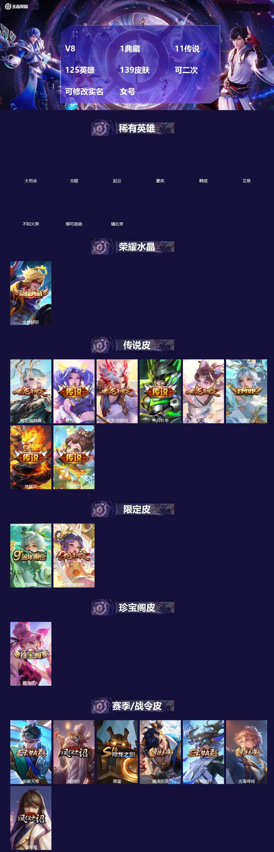 王者荣耀账号安卓QQ[]V8 1典藏 11传说 125英雄 139皮肤 可二次 可修改实名 女号 
【英雄全皮】空空儿全皮,蚩奼全皮,影全皮
【稀有英雄】大司命,嬴政(始皇帝),韩信(韩跳跳),艾琳,橘右京(橘子),娜可