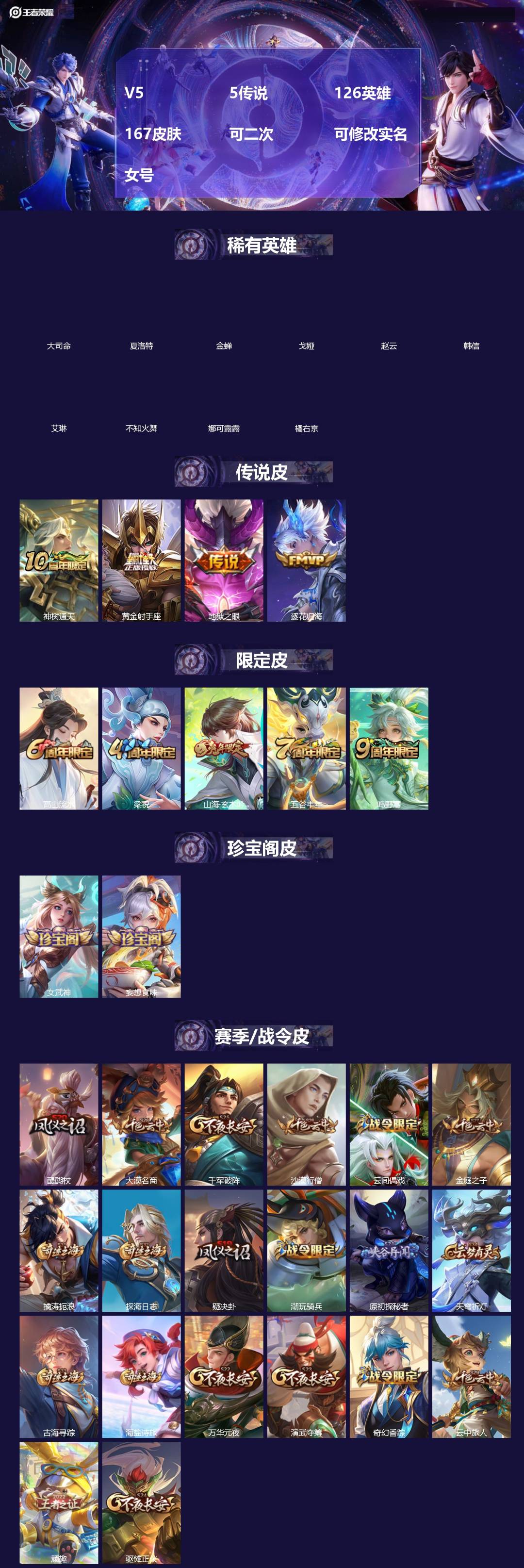 王者荣耀账号苹果QQ[]V5 5传说 126英雄 167皮肤 可二次 可修改实名 女号 
【稀有英雄】大司命,韩信(韩跳跳),夏洛特(夏师傅),艾琳,橘右京(橘子),娜可露露(鸟人),不知火舞,赵云,金蝉(唐僧),戈娅

