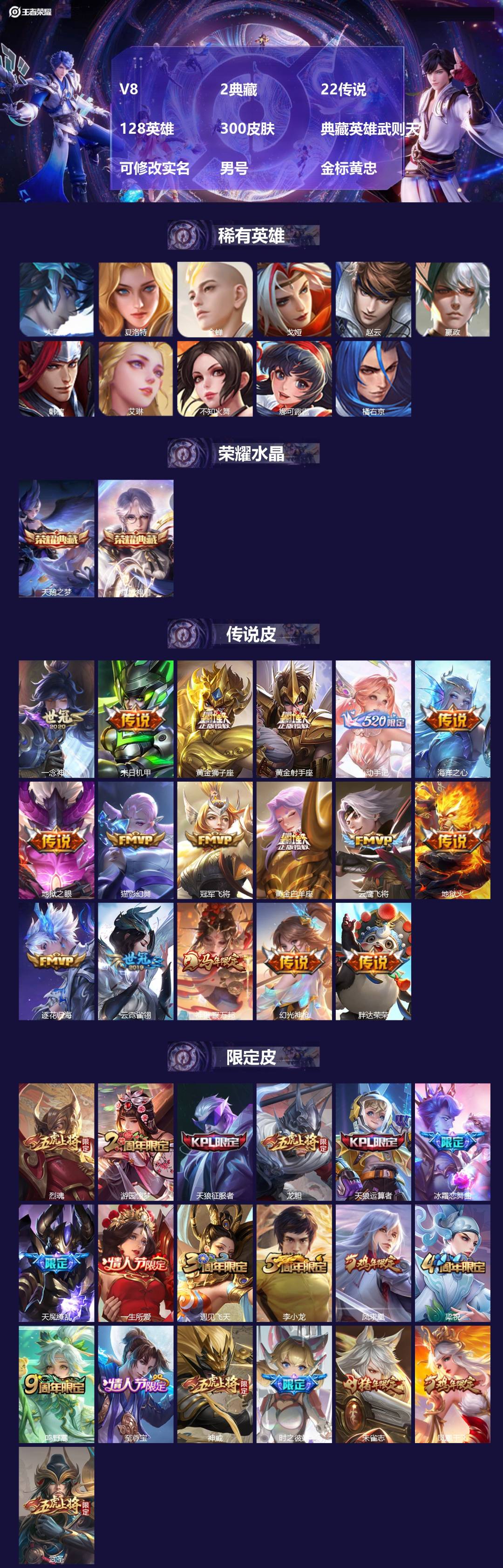 王者荣耀账号安卓QQ[]V8 2典藏 22传说 128英雄 300皮肤 典藏英雄武则天 可修改实名 男号 金标黄忠
【英雄全皮】影全皮,大禹全皮
【稀有英雄】大司命,嬴政(始皇帝),韩信(韩跳跳),夏洛特(夏师傅),艾琳