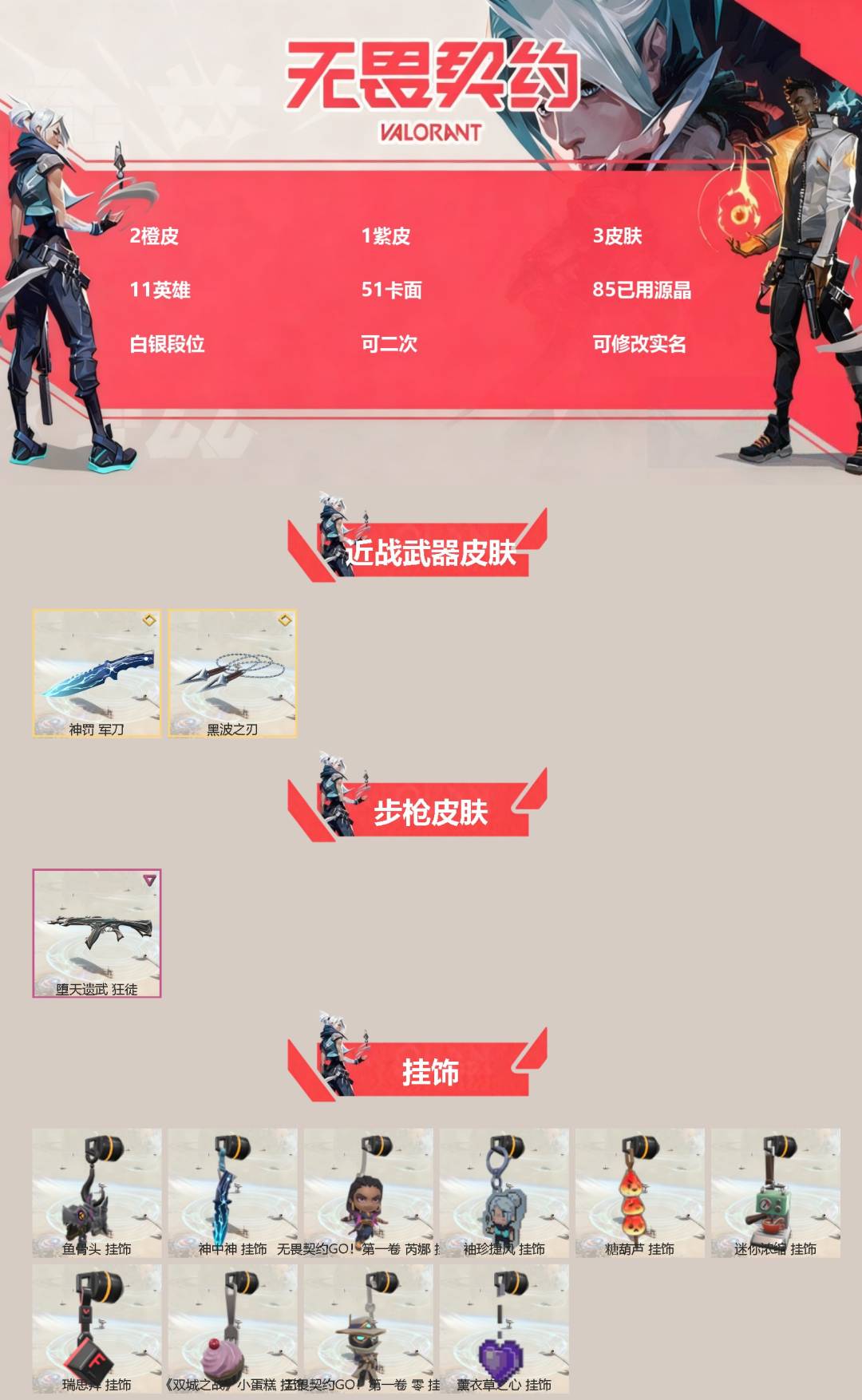 无畏契约账号QQ[]2橙皮 1紫皮 3皮肤 11英雄 51卡面 85已用源晶 白银段位 可二次 可修改实名 
【近战武器皮肤】黑波之刃,军刀-神罚
【步枪皮肤】狂徒-堕天遗武
【挂饰】迷你浓缩挂饰,无畏契约GO!第一