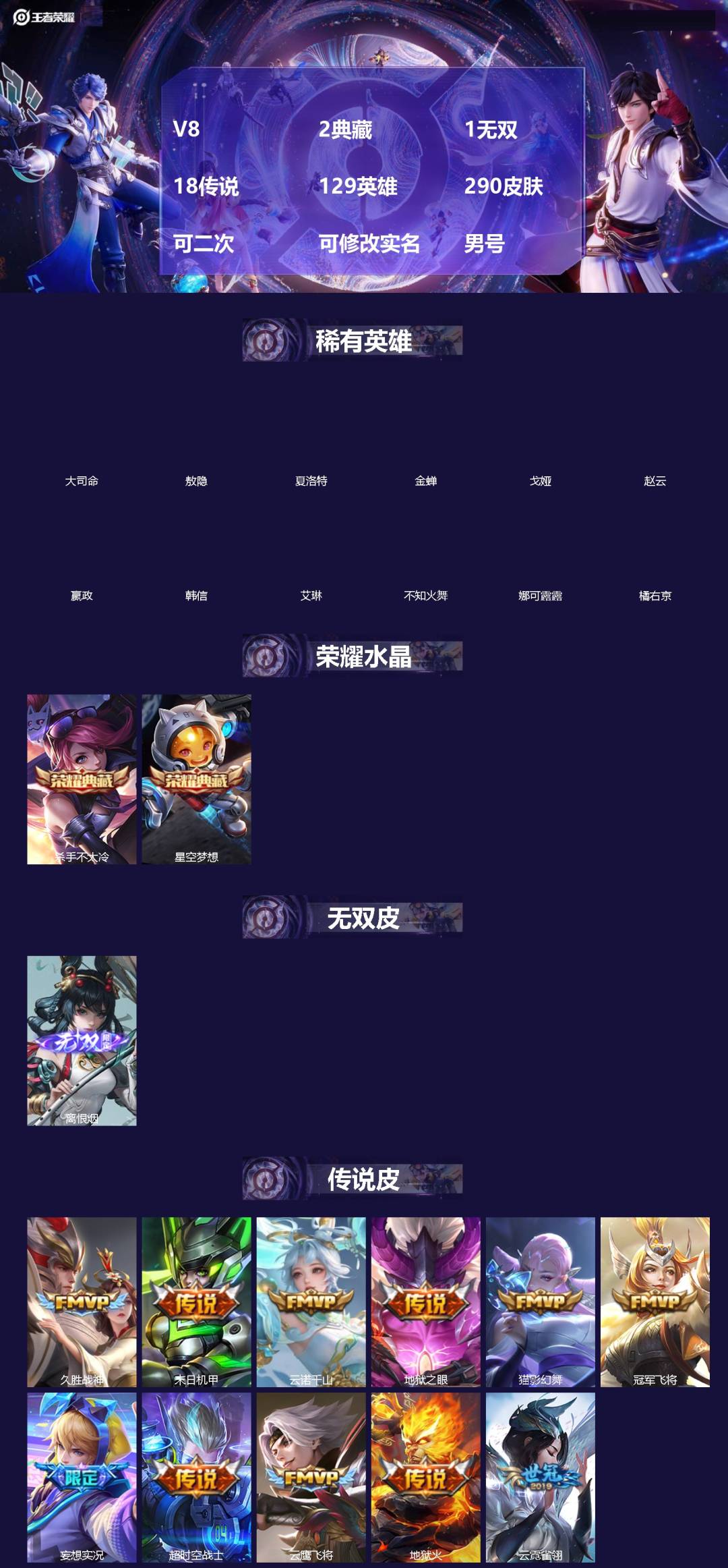王者荣耀账号苹果QQ[]V8 2典藏 1无双 18传说 129英雄 290皮肤 可二次 可修改实名 男号 
【英雄全皮】敖隐全皮,孙权全皮,蚩奼全皮,猪八戒全皮,影全皮,大禹全皮
【稀有英雄】敖隐(小龙人),大司命,嬴政