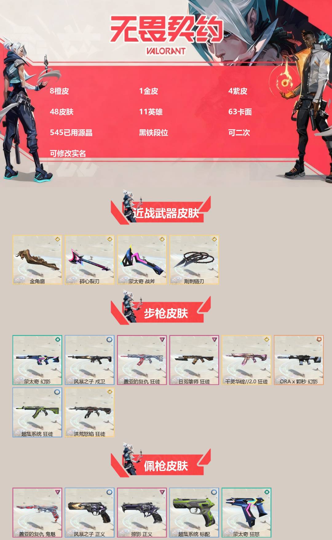 无畏契约账号QQ[]8橙皮 1金皮 4紫皮 48皮肤 11英雄 63卡面 545已用源晶 黑铁段位 可二次 可修改实名 
【近战武器皮肤】碎心裂刃,荆刺链刃-荆刺圣骸,蒙太奇 战斧,金角扇
【佩枪皮肤】超集系统 标配