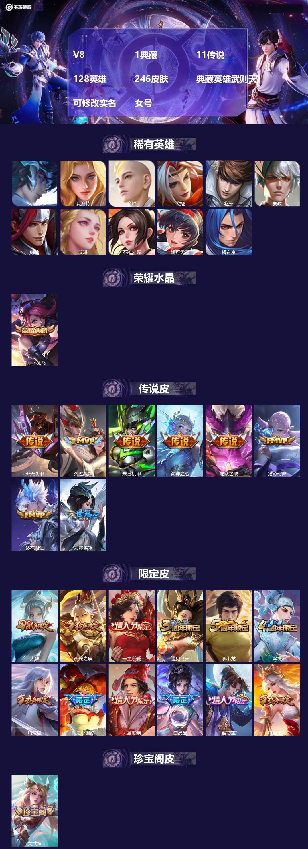 王者荣耀账号安卓QQ[]V8 1典藏 11传说 128英雄 246皮肤 典藏英雄武则天 可修改实名 女号 
【英雄全皮】蚩奼全皮,大禹全皮
【稀有英雄】大司命,嬴政(始皇帝),韩信(韩跳跳),夏洛特(夏师傅),艾琳,橘右