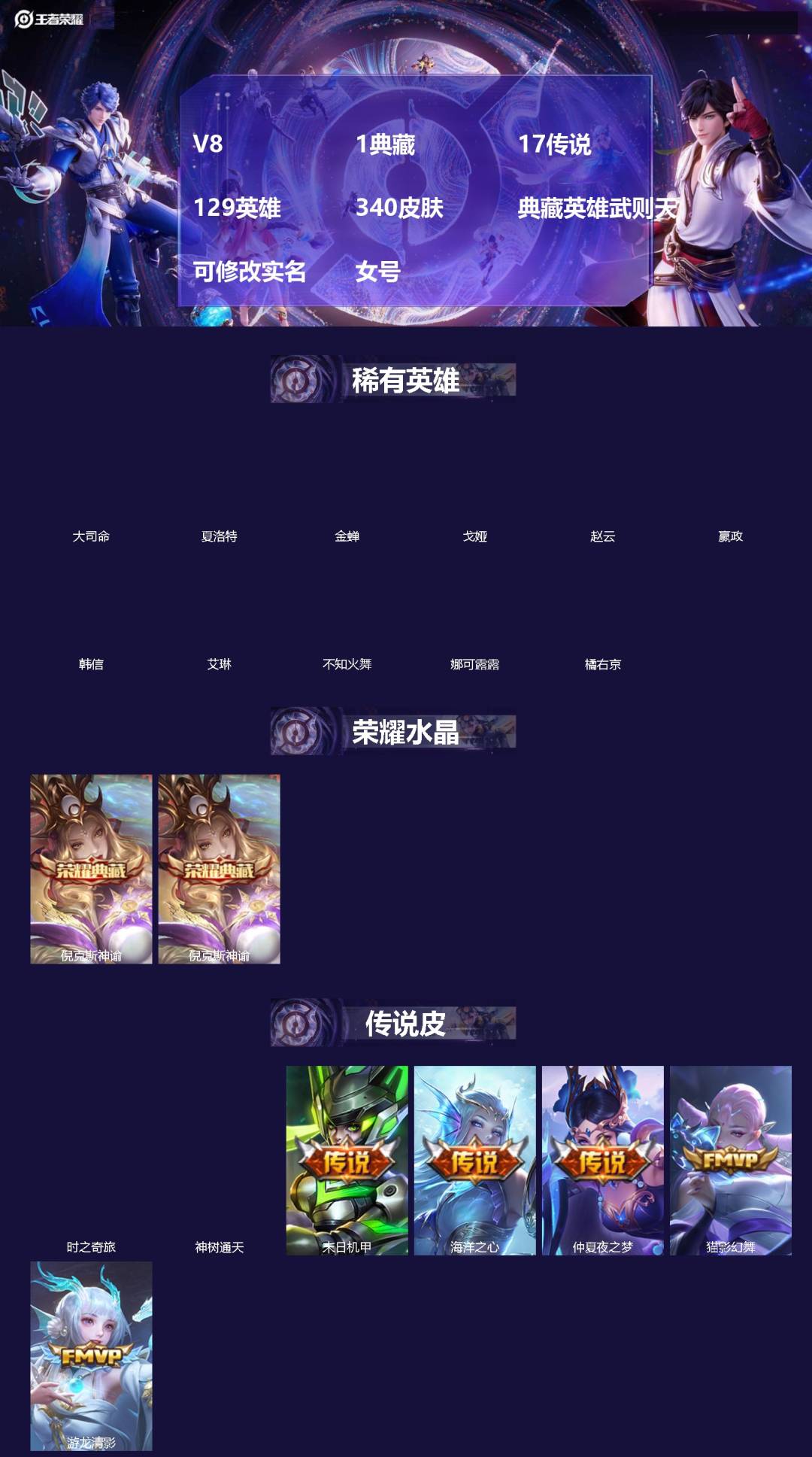王者荣耀账号安卓QQ[]V8 1典藏 17传说 129英雄 340皮肤 典藏英雄武则天 可修改实名 女号 
【英雄全皮】少司缘全皮,娜可露露全皮,戈娅全皮,影全皮,大禹全皮
【稀有英雄】大司命,嬴政(始皇帝),韩信(韩跳