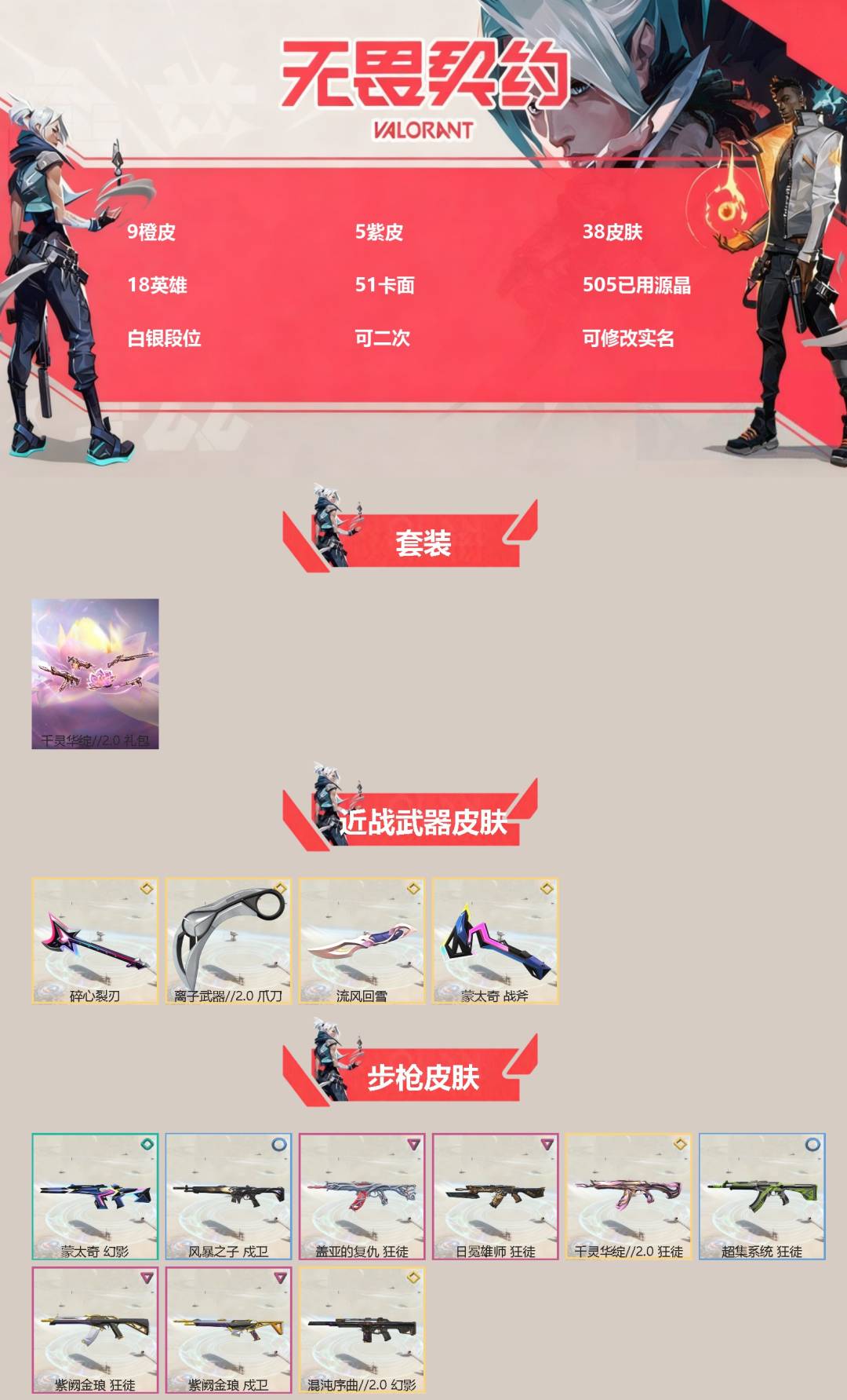 无畏契约账号QQ[]9橙皮 5紫皮 38皮肤 18英雄 51卡面 505已用源晶 白银段位 可二次 可修改实名 
【套装】千灵华绽//2.0 套装
【近战武器皮肤】离子武器2.0 爪刀,碎心裂刃,流风回雪,蒙太奇 战