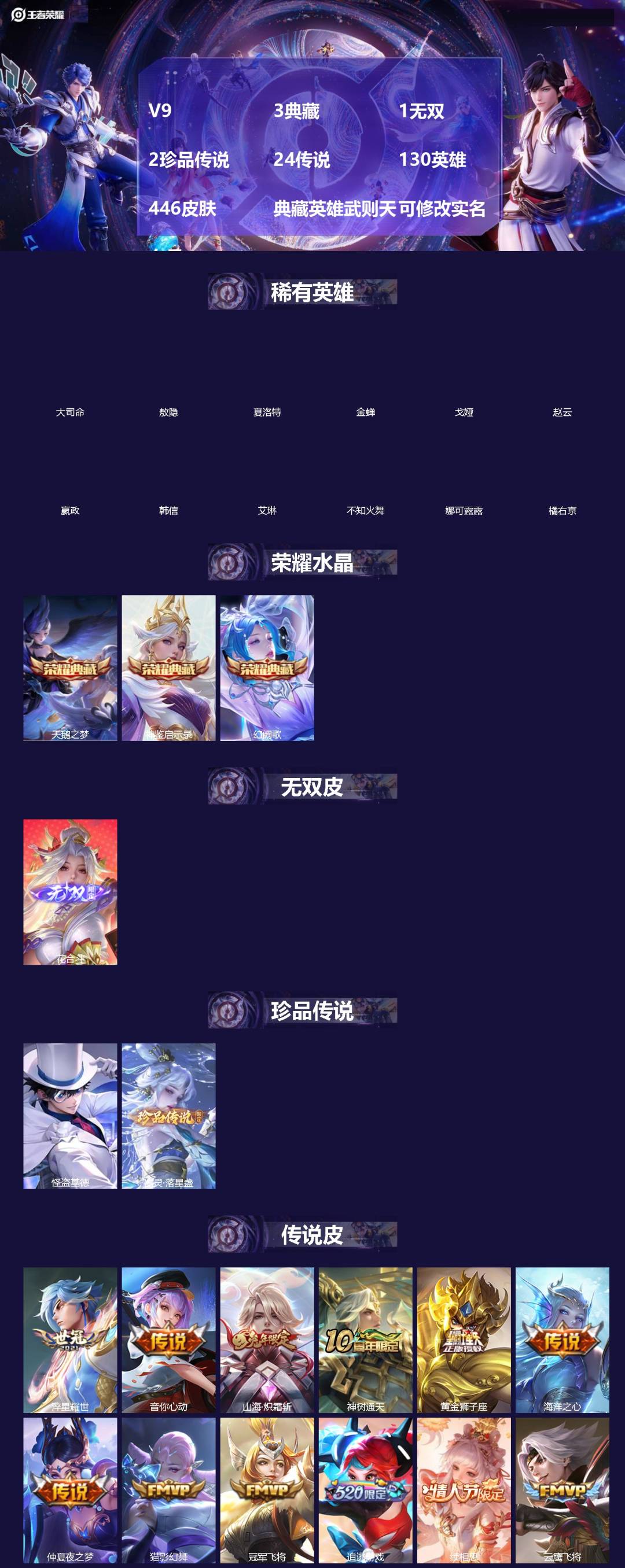 王者荣耀账号安卓QQ[19382508]V9 3典藏 1无双 2珍品传说 24传说 130英雄 446皮肤 典藏英雄武则