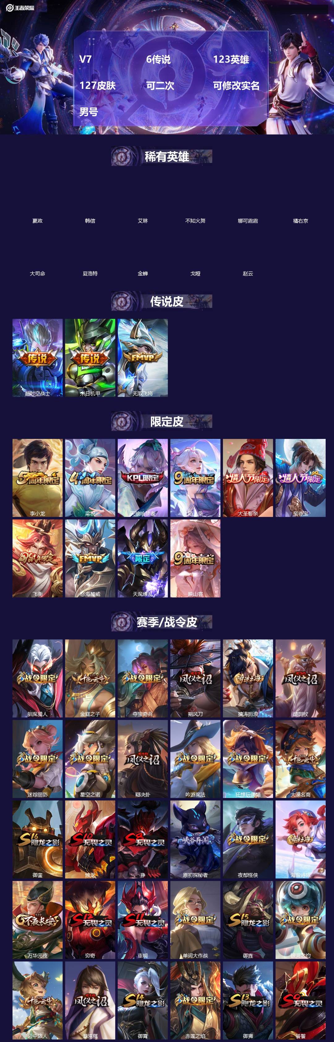 王者荣耀账号苹果QQ[]V7 6传说 123英雄 127皮肤 可二次 可修改实名 男号 
【稀有英雄】大司命,嬴政(始皇帝),韩信(韩跳跳),夏洛特(夏师傅),艾琳,橘右京(橘子),娜可露露(鸟人),不知火舞,赵云,金蝉