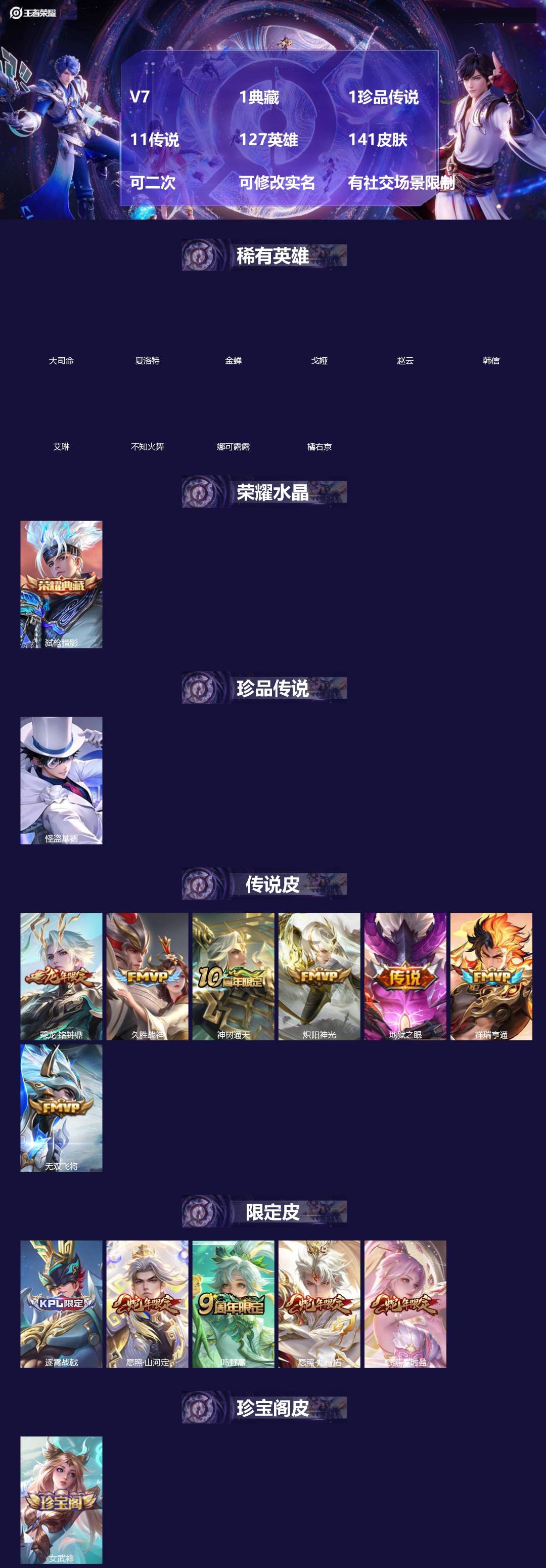 王者荣耀账号安卓VXV7 1典藏 1珍品传说 11传说 127英雄 141皮肤 可二次 可修改实名 有社交场景限制
【英