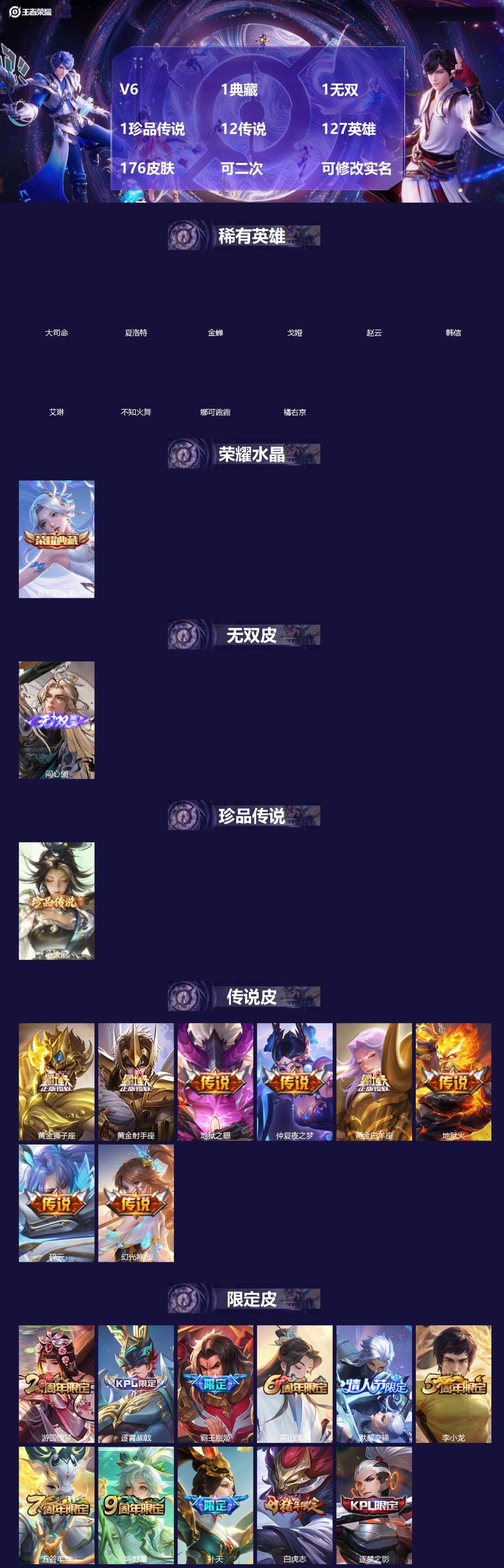 王者荣耀账号苹果QQ[]V6 1典藏 1无双 1珍品传说 12传说 127英雄 176皮肤 可二次 可修改实名 女号 
【英雄全皮】蚩奼全皮,大禹全皮
【稀有英雄】大司命,韩信(韩跳跳),夏洛特(夏师傅),艾琳,橘右京(