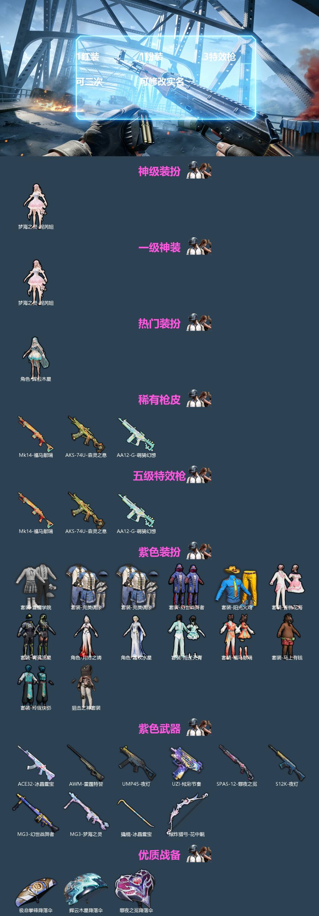和平精英账号苹果QQ[]1红装 1粉装 3特效枪 可二次 可修改实名 
【一级神装】一级梦海之灵-妮芮妲
【热门装扮】辉云木星
【稀有枪皮】AA12-G-萌骑幻想,AKS-74U-森灵之息,MK14-福马献瑞
【五级特效
