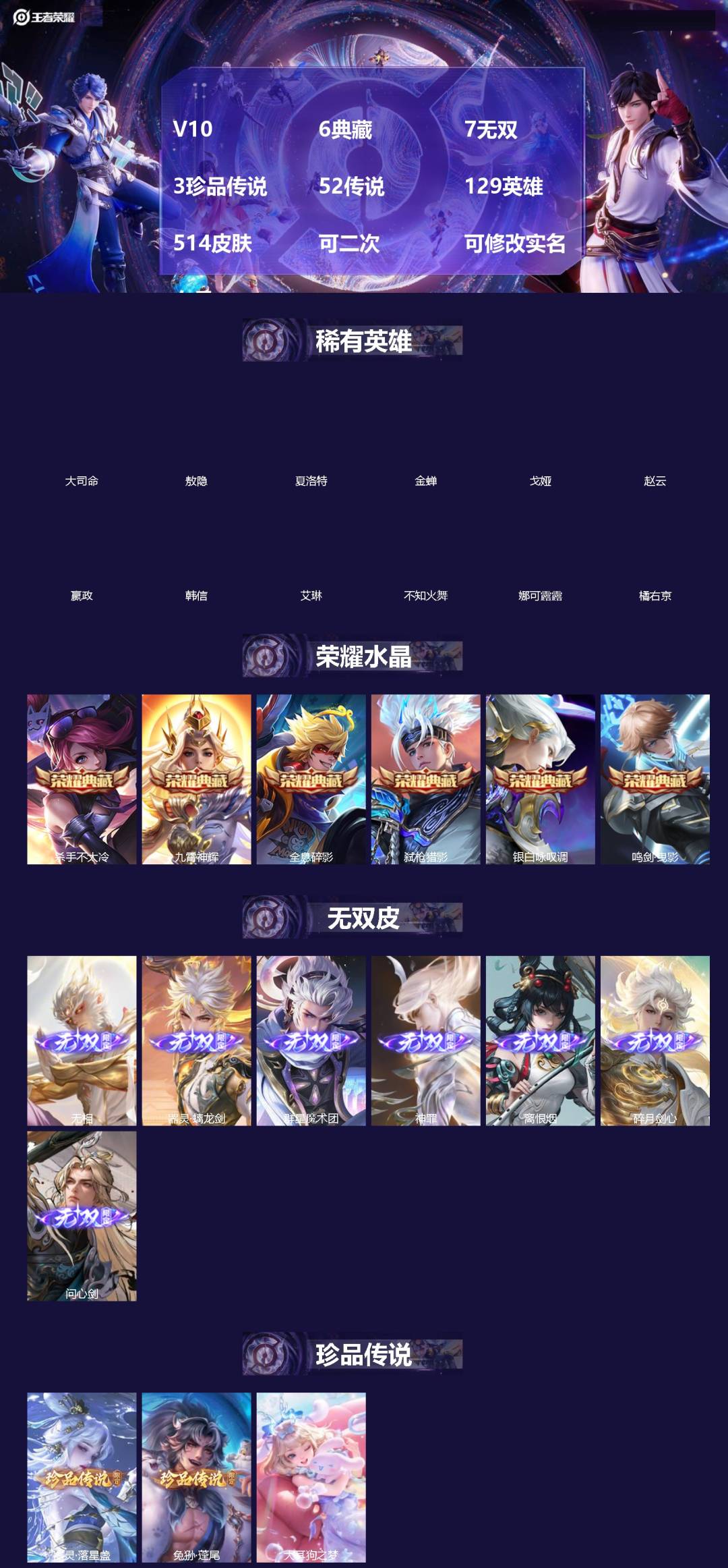 王者荣耀账号苹果QQ[]V10 6典藏 7无双 3珍品传说 52传说 129英雄 514皮肤 可二次 可修改实名 女号 
【英雄全皮】李白全皮,司空震全皮,典韦全皮,蒙恬全皮,太乙真人全皮,敖隐全皮,空空儿全皮,孙权全皮
