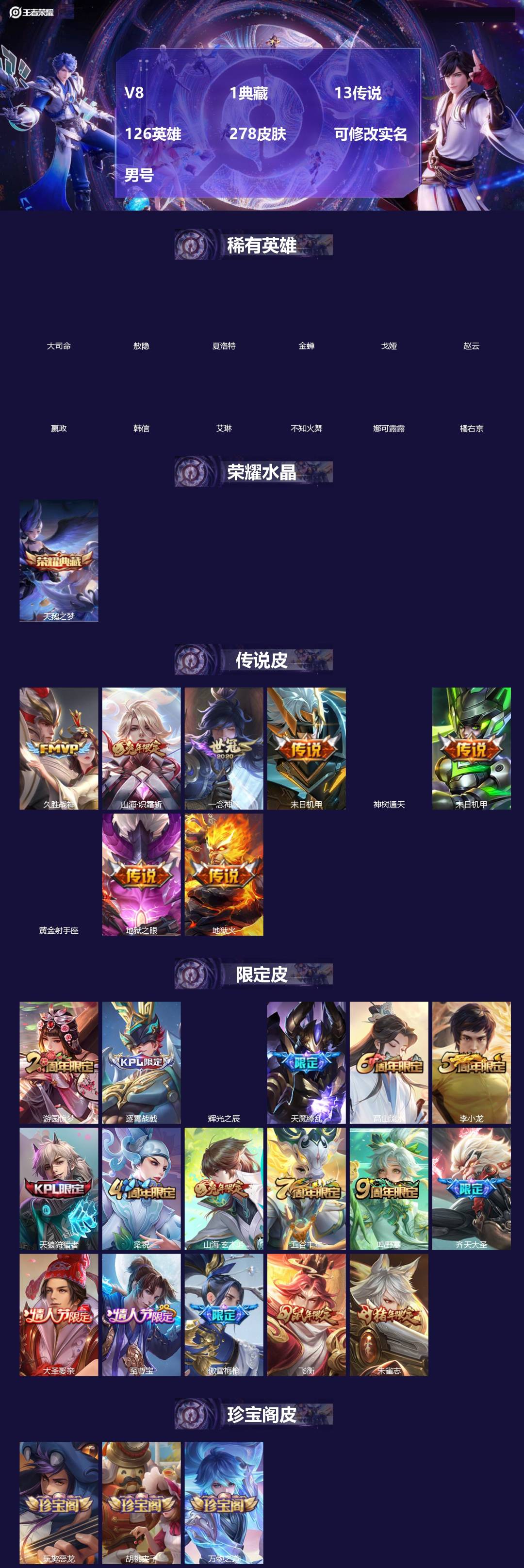 王者荣耀账号安卓QQ[19460899]V8 1典藏 13传说 126英雄 278皮肤 可修改实名 男号 
【英雄全皮】