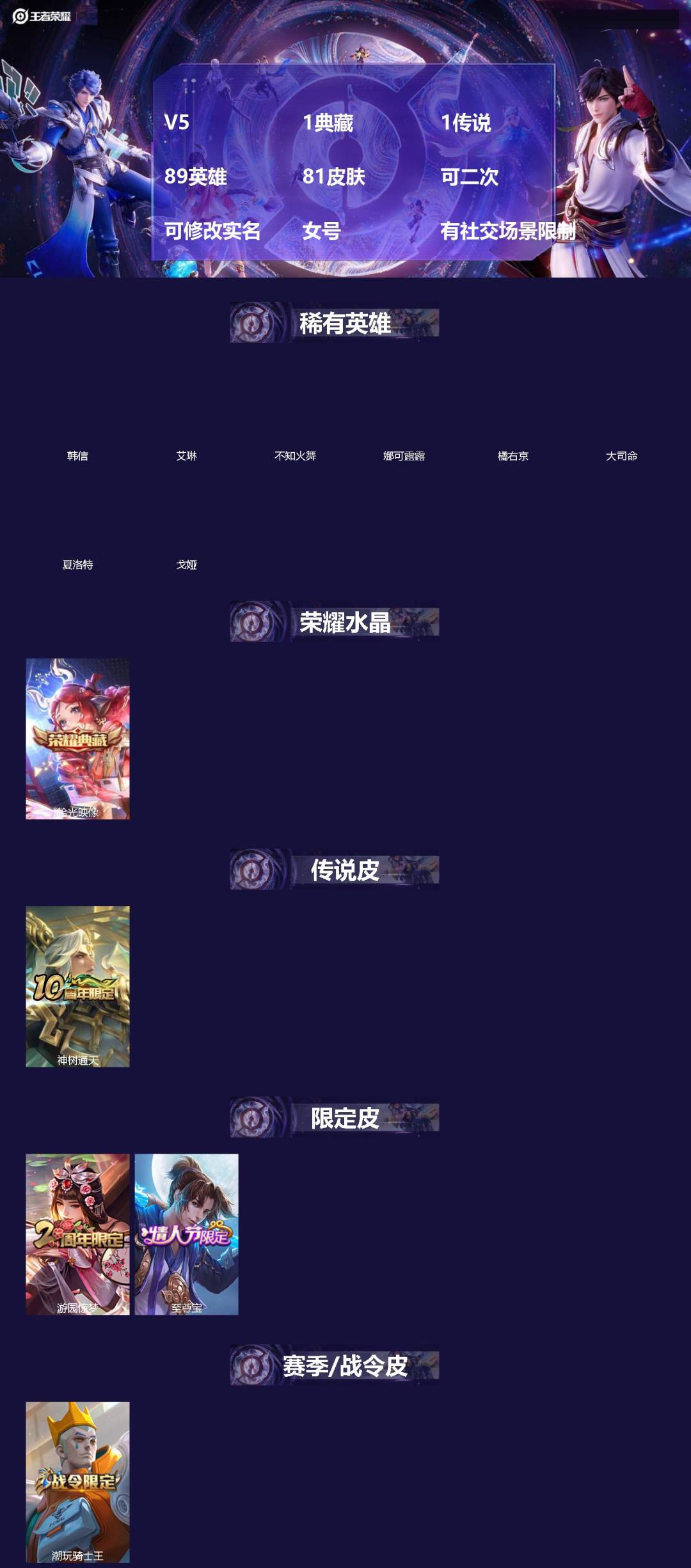 王者荣耀账号安卓VX[]V5 1典藏 1传说 89英雄 81皮肤 可二次 可修改实名 女号 有社交场景限制
【英雄全皮】孙权全皮,蚩奼全皮
【稀有英雄】大司命,韩信(韩跳跳),夏洛特(夏师傅),艾琳,橘右京(橘子),娜可