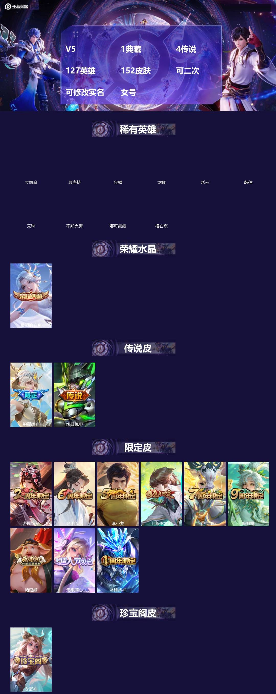王者荣耀账号安卓QQ[]V5 1典藏 4传说 127英雄 152皮肤 可二次 可修改实名 女号 
【英雄全皮】孙权全皮,大禹全皮
【稀有英雄】大司命,韩信(韩跳跳),夏洛特(夏师傅),艾琳,橘右京(橘子),娜可露露(鸟人