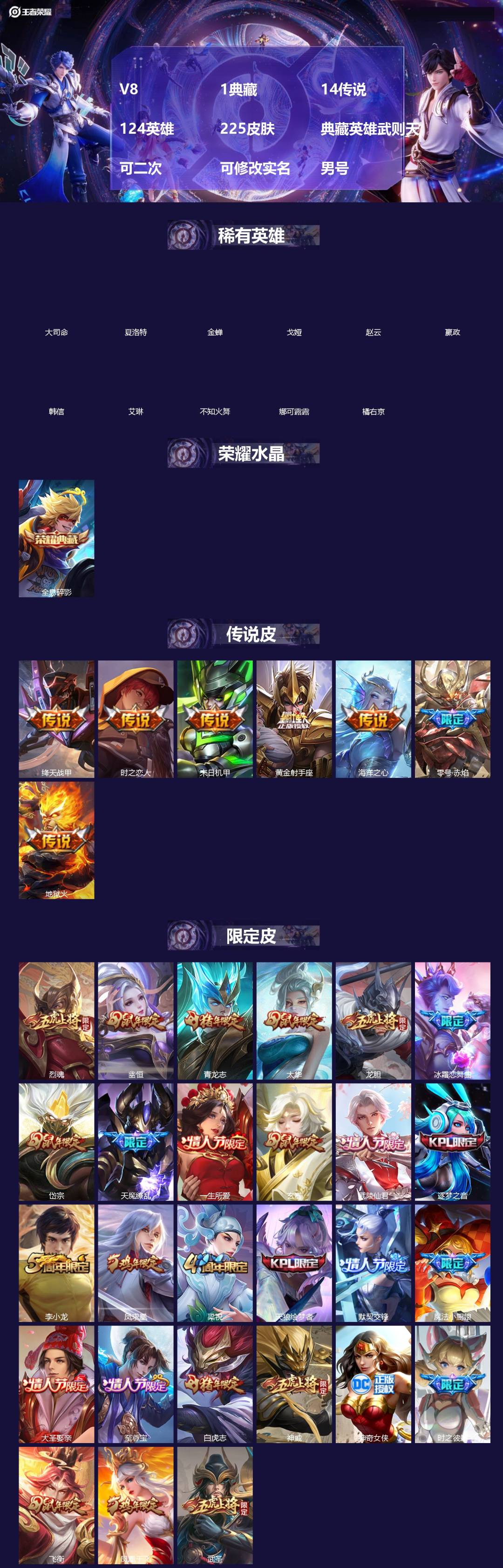 王者荣耀账号安卓QQ[19501989]V8 1典藏 14传说 124英雄 225皮肤 典藏英雄武则天 可二次 可修改实