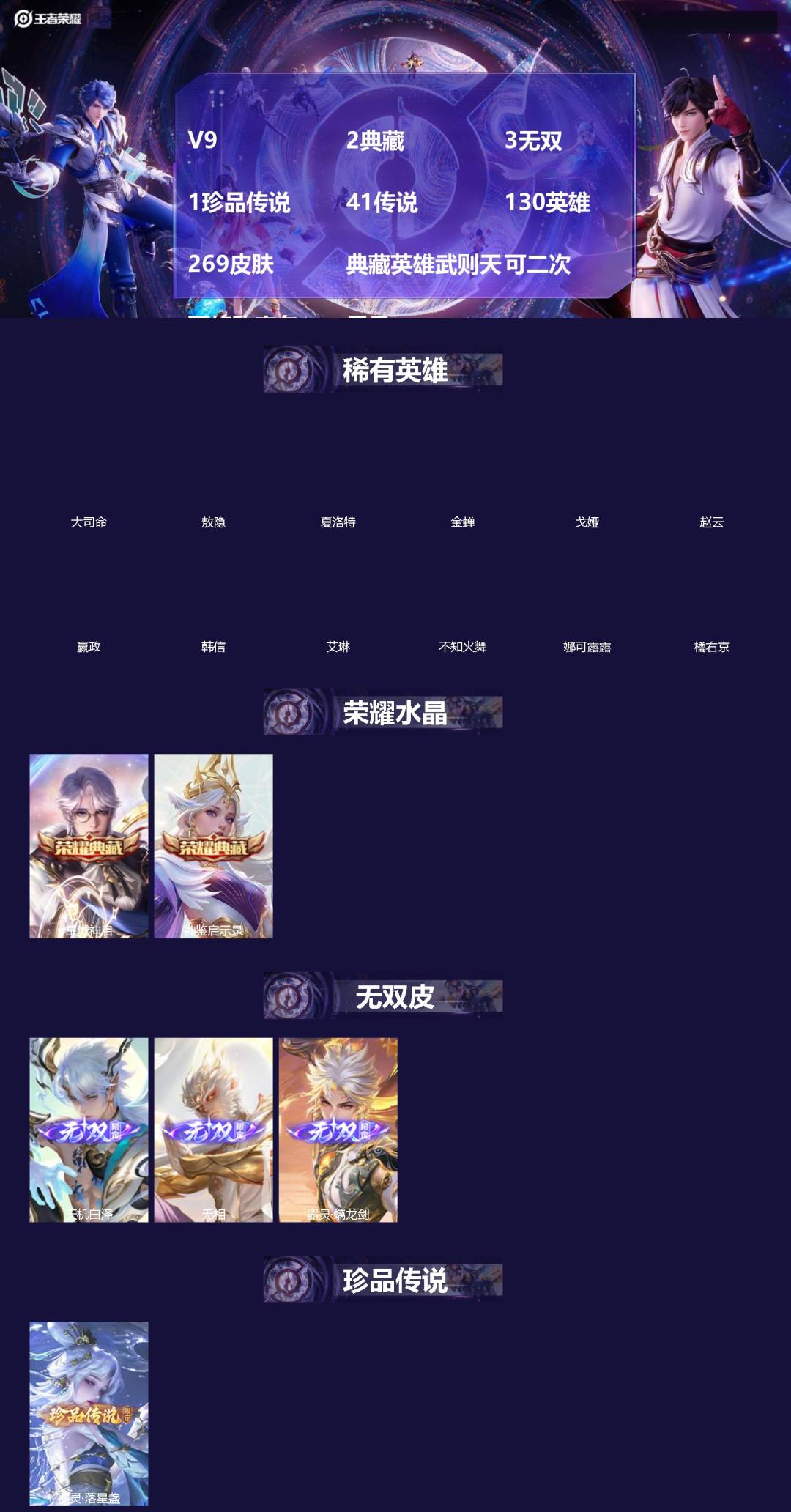 王者荣耀账号苹果VX[]V9 2典藏 3无双 1珍品传说 41传说 130英雄 269皮肤 典藏英雄武则天 可二次 可修改实名 男号 
【英雄全皮】空空儿全皮,孙权全皮,蚩奼全皮,大禹全皮
【稀有英雄】敖隐(小龙人),大