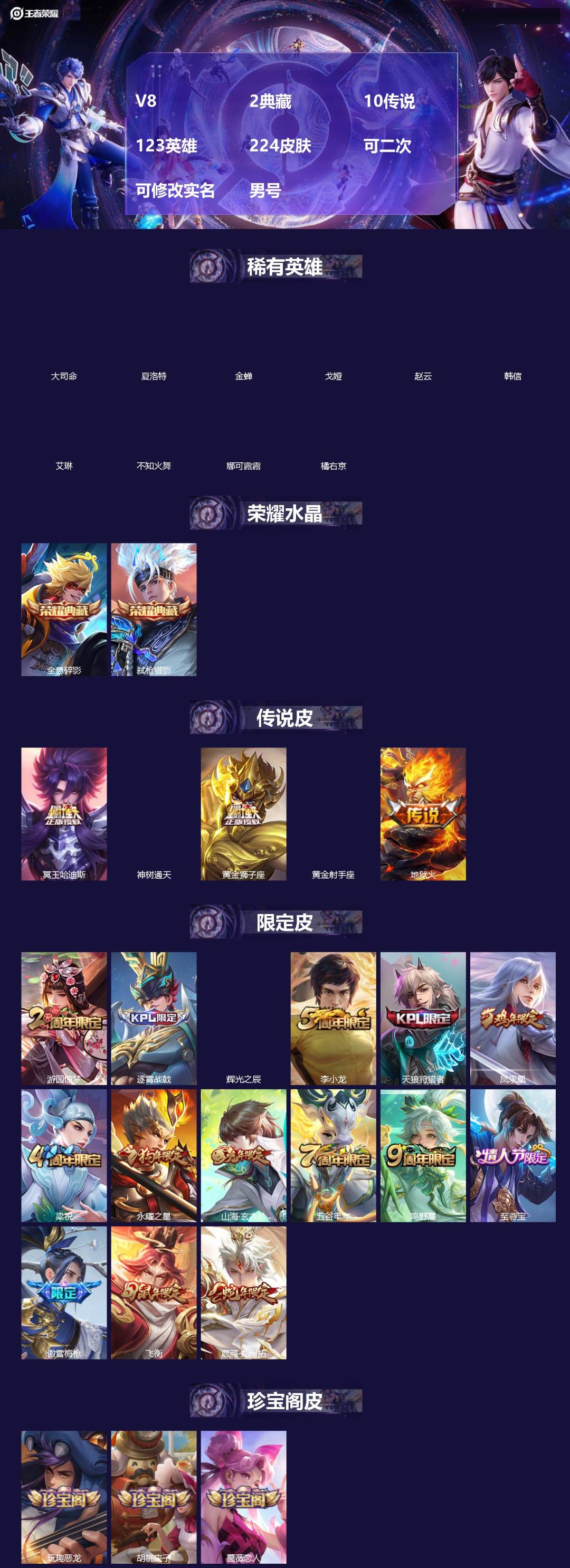 王者荣耀账号安卓QQ[19522355]V8 2典藏 10传说 123英雄 224皮肤 可二次 可修改实名 男号 
【稀