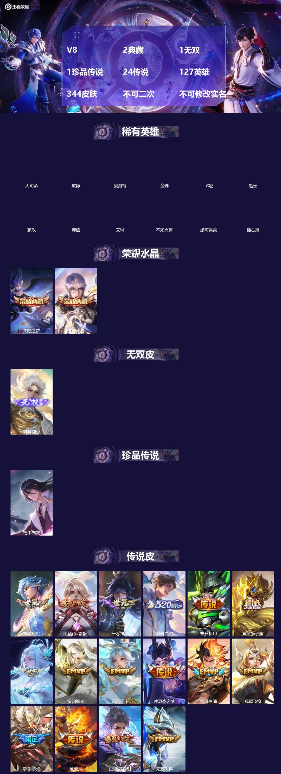 王者荣耀账号苹果QQV8 2典藏 1无双 1珍品传说 24传说 127英雄 344皮肤 不可二次 不可修改实名 男号 
