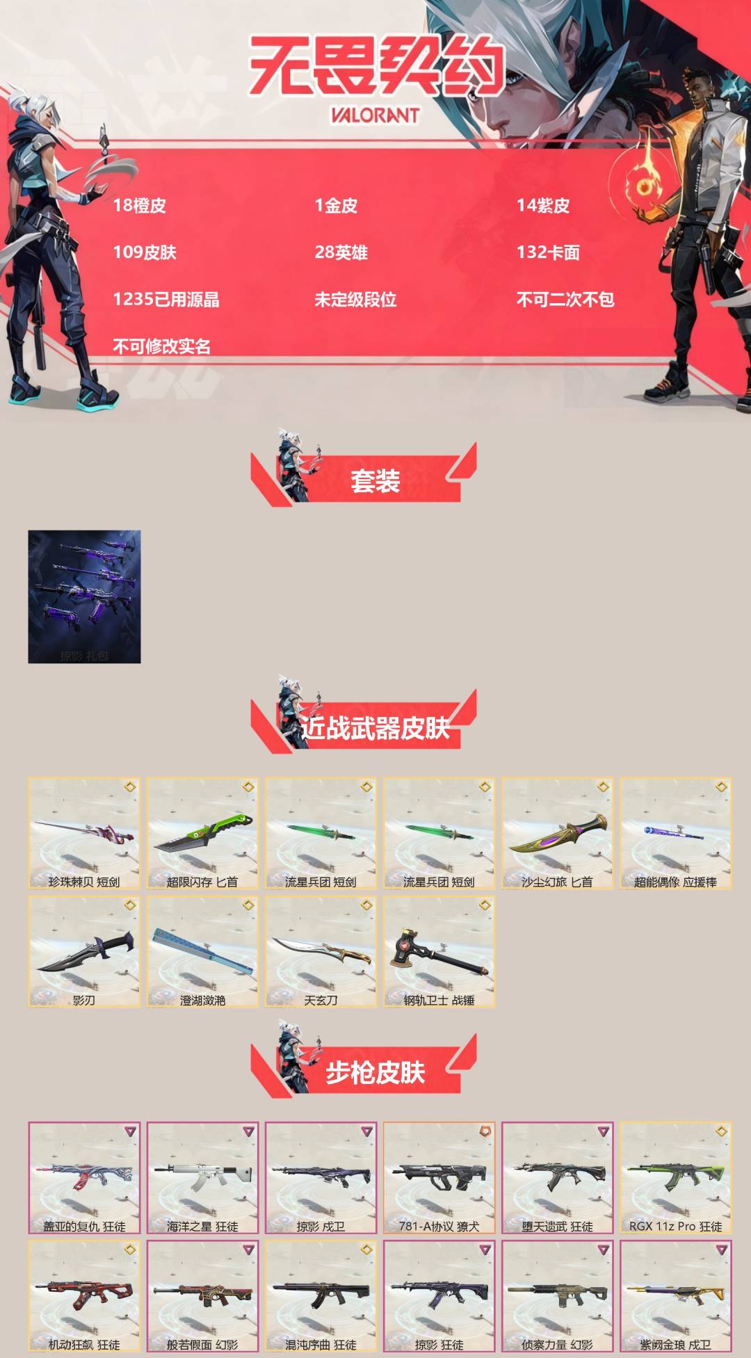 无畏契约账号QQ[]18橙皮 1金皮 14紫皮 109皮肤 28英雄 132卡面 1235已用源晶 未定级段位 不可二次不包 不可修改实名 
【套装】掠影套装
【近战武器皮肤】影刃,匕首-超限闪存,战锤-钢轨卫士,短