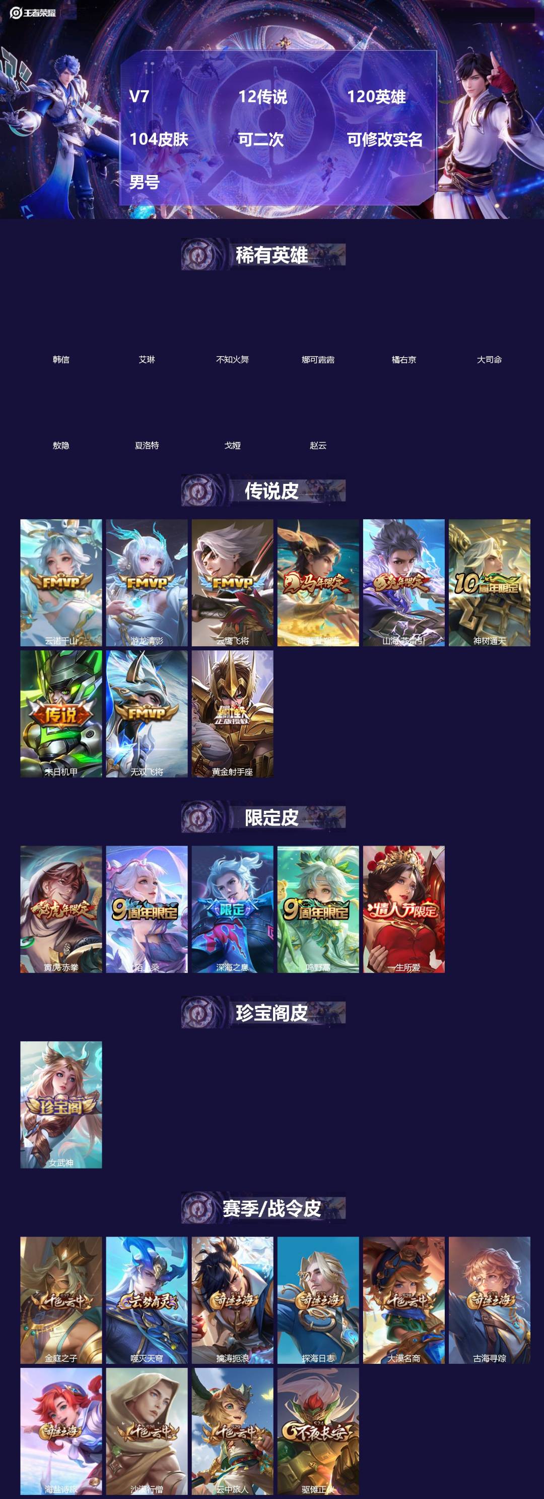 王者荣耀账号苹果QQ[19552049]V7 12传说 120英雄 104皮肤 可二次 可修改实名 男号 
【英雄全皮】
