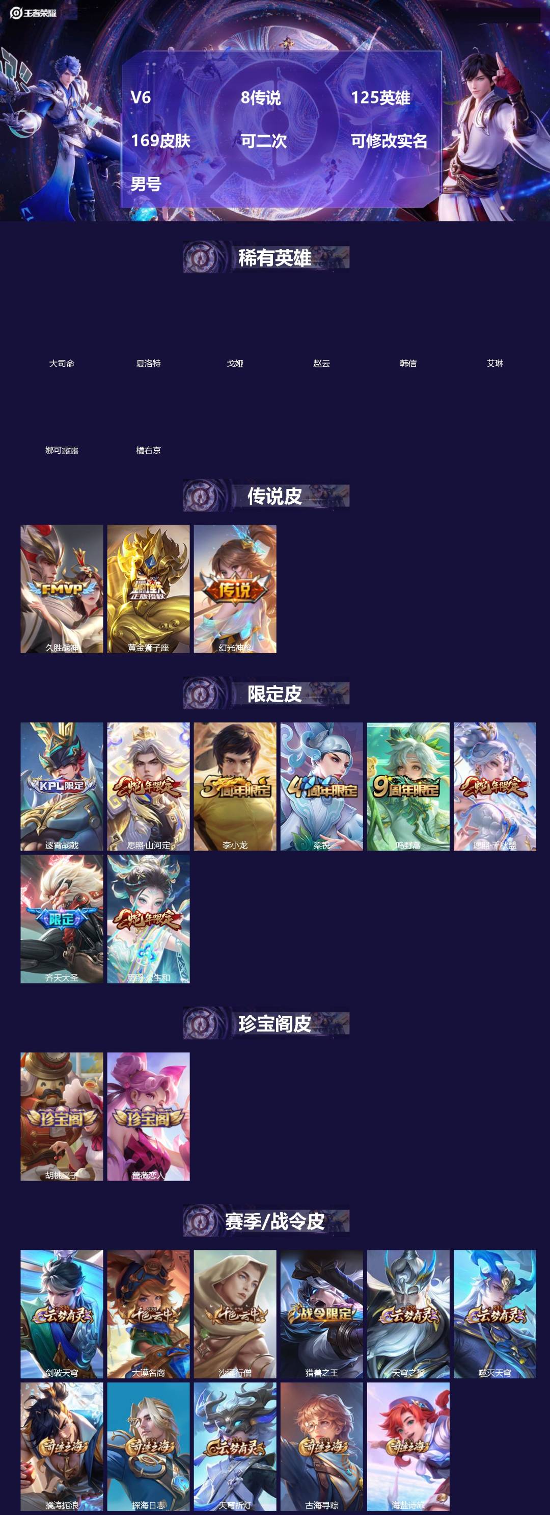 王者荣耀账号安卓QQ[19552056]V6 8传说 125英雄 169皮肤 可二次 可修改实名 男号 
【英雄全皮】大