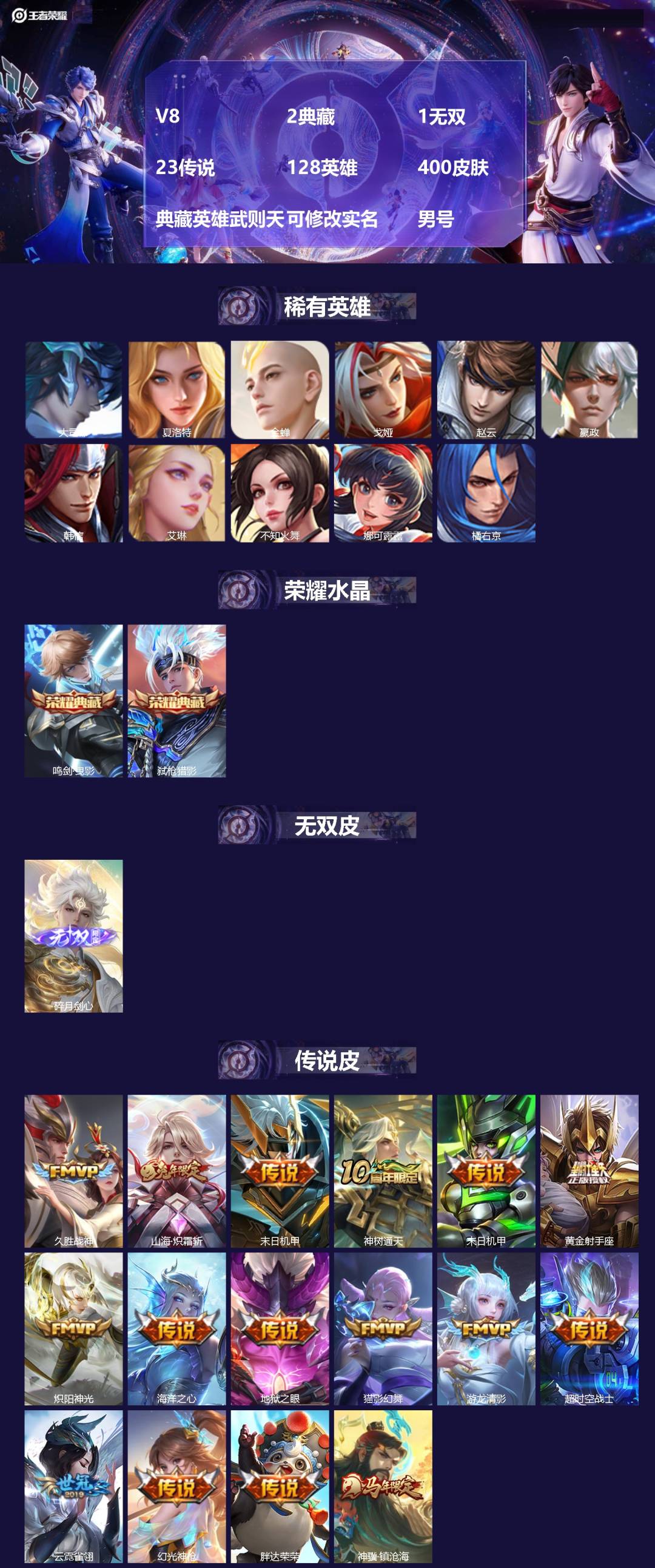 王者荣耀账号苹果VX[]实名: 可修改 性别: 男号 贵族等级: V8 英雄数: 128 皮肤数: 400 荣耀水晶: 鸣剑·曳影,弑枪猎影 无双皮: 碎月剑心 传说皮: 黄金射手座,猫影幻舞,久胜战神,炽阳神光,云霓雀