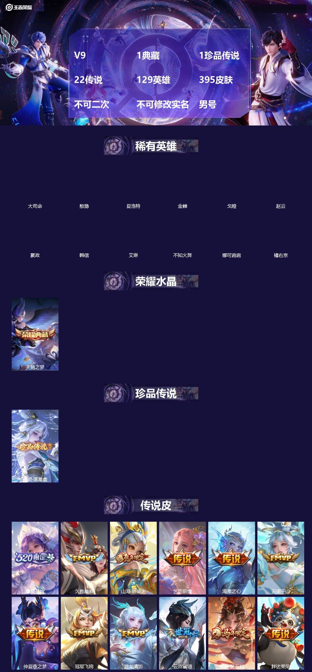 王者荣耀账号安卓QQ[]V9 1典藏 1珍品传说 22传说 129英雄 395皮肤 不可二次 不可修改实名 男号 
【英雄全皮】女娲全皮,蒙恬全皮,弈星全皮,空空儿全皮,孙权全皮,蚩奼全皮,海诺全皮,桑启全皮,影全皮,大