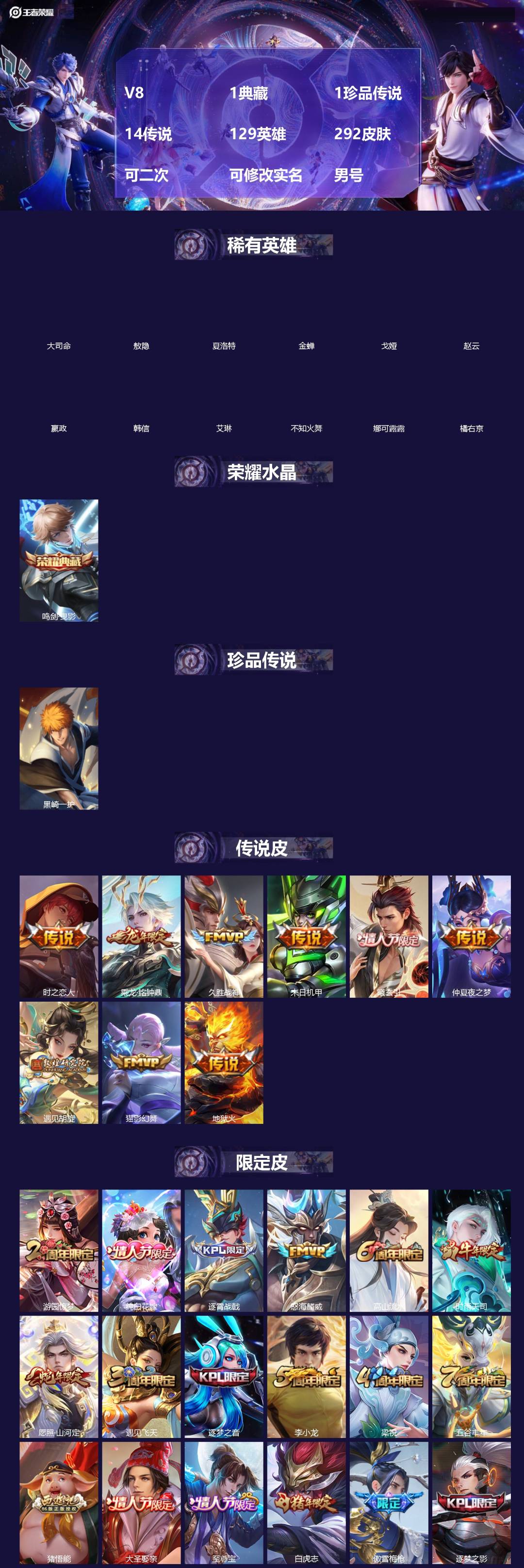 王者荣耀账号苹果QQ[]V8 1典藏 1珍品传说 14传说 129英雄 292皮肤 可二次 可修改实名 男号 
【英雄全皮】司空震全皮,蚩奼全皮,猪八戒全皮,大禹全皮
【稀有英雄】敖隐(小龙人),大司命,嬴政(始皇帝),