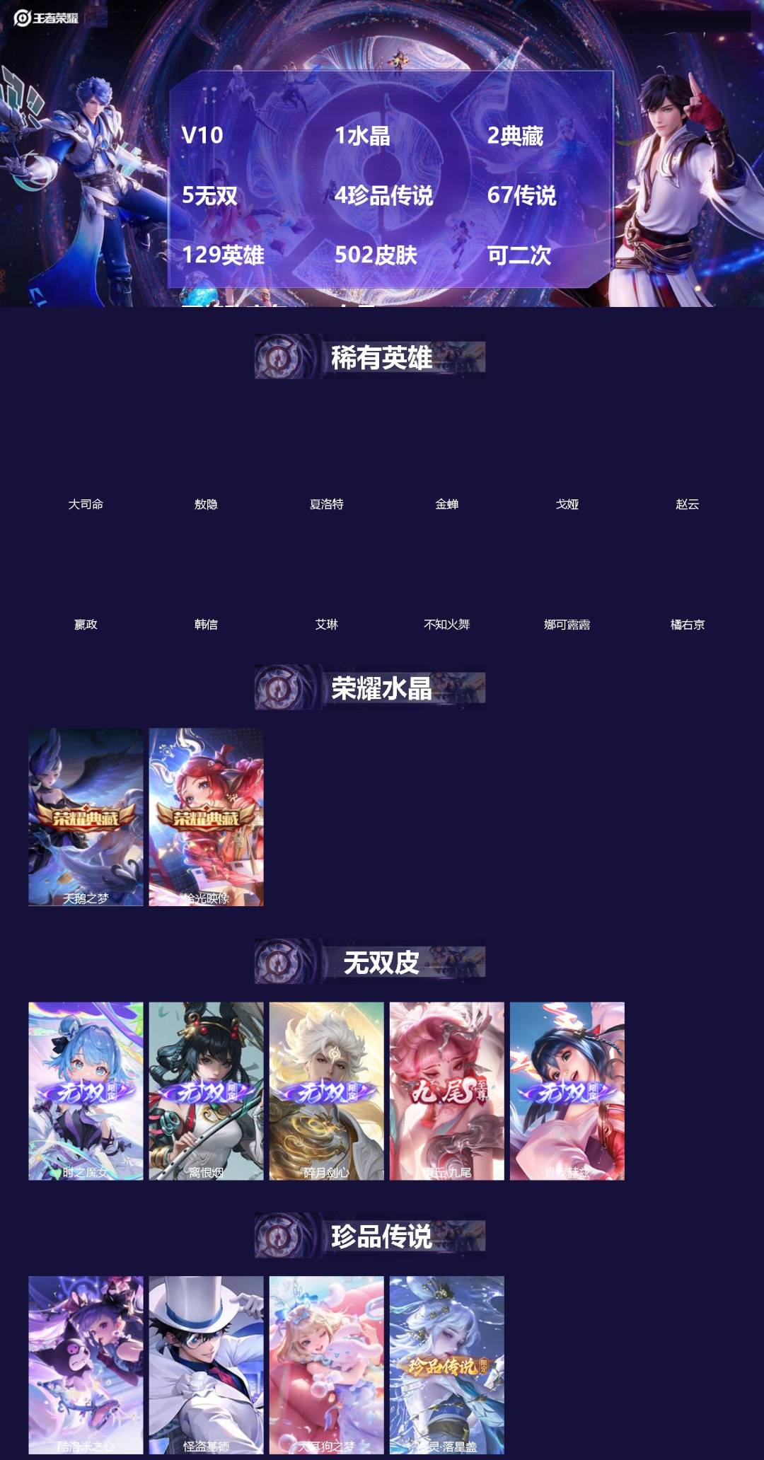 王者荣耀账号苹果QQ[]V10 1水晶 2典藏 5无双 4珍品传说 67传说 129英雄 502皮肤 可二次 可修改实名 女号 
【英雄全皮】朵莉亚全皮,大乔全皮,少司缘全皮,娜可露露全皮,西施全皮,阿古朵全皮,敖隐全皮