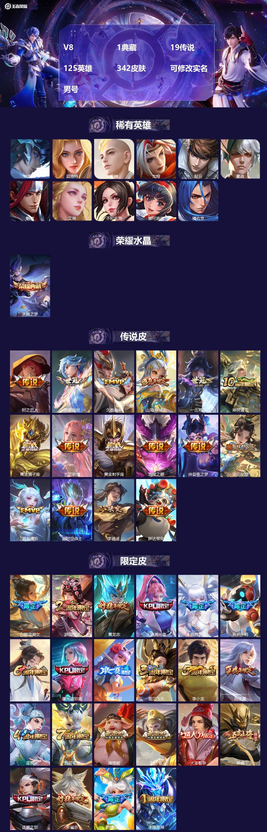 王者荣耀账号苹果QQ[19594757]V8 1典藏 19传说 125英雄 342皮肤 可修改实名 男号 
【英雄全皮】