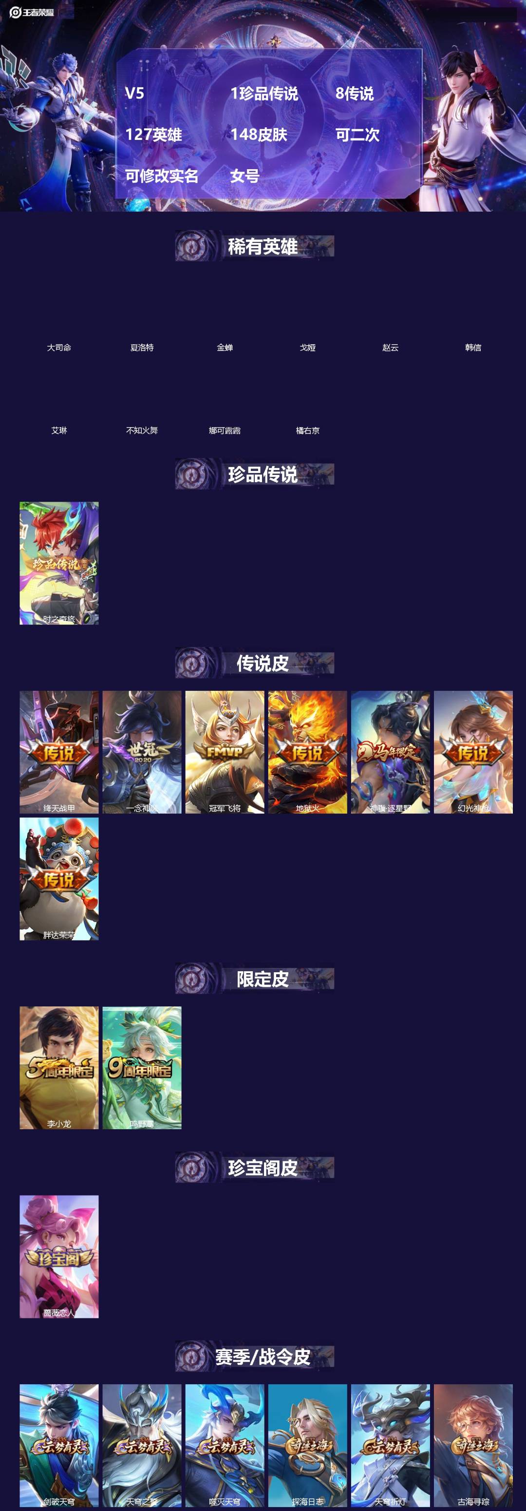 王者荣耀账号安卓QQ[]V5 1珍品传说 8传说 127英雄 148皮肤 可二次 可修改实名 女号 
【英雄全皮】蚩奼全皮,影全皮,大禹全皮
【稀有英雄】大司命,韩信(韩跳跳),夏洛特(夏师傅),艾琳,橘右京(橘子),娜
