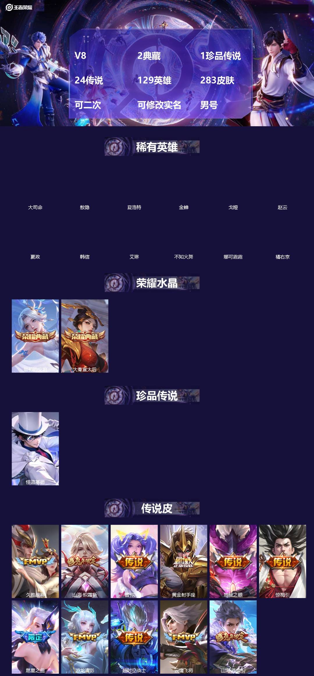 王者荣耀账号安卓QQ[]V8 2典藏 1珍品传说 24传说 129英雄 283皮肤 可二次 可修改实名 男号 
【英雄全皮】大禹全皮
【稀有英雄】敖隐(小龙人),大司命,嬴政(始皇帝),韩信(韩跳跳),夏洛特(夏师傅),