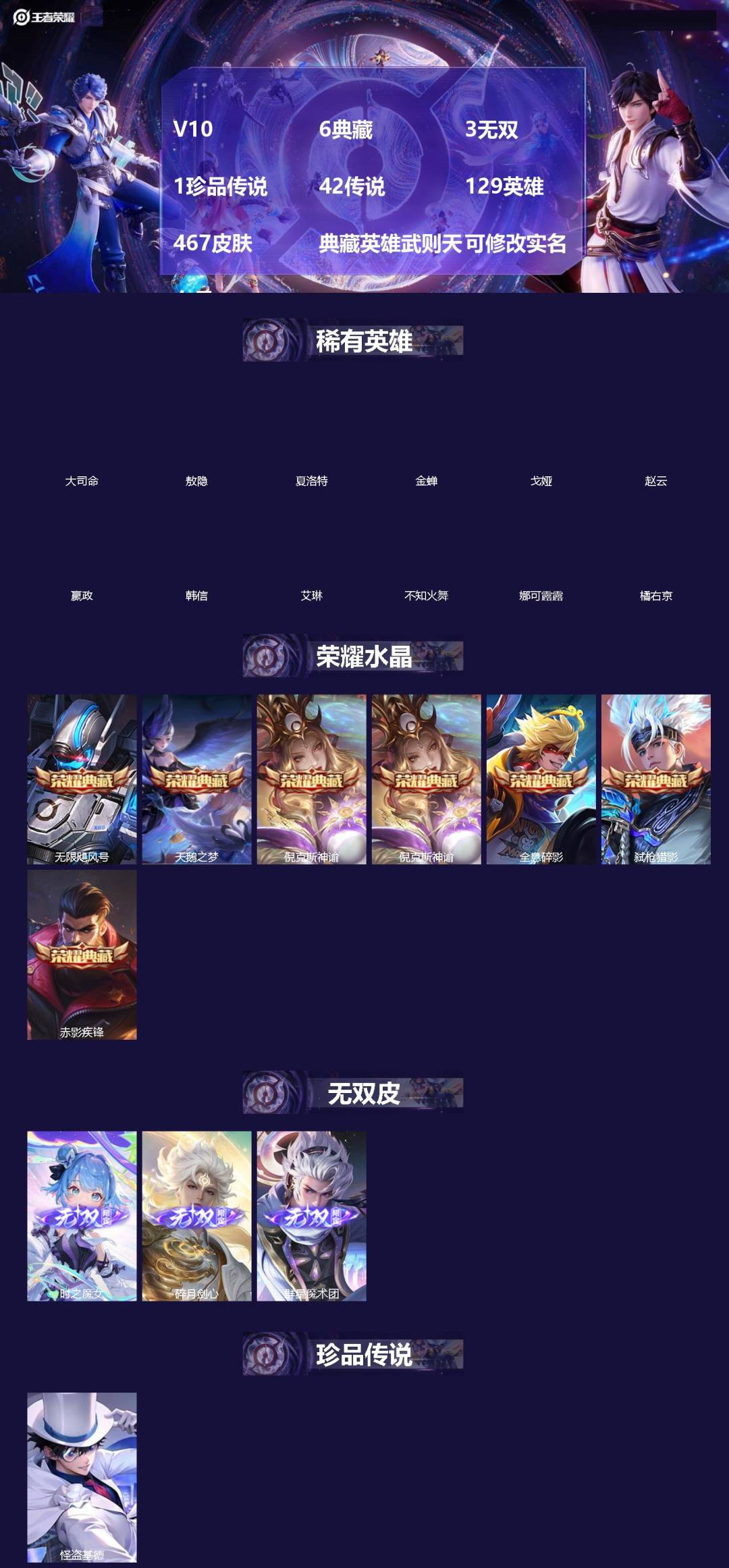 王者荣耀账号苹果QQ[]V10 6典藏 3无双 1珍品传说 42传说 129英雄 467皮肤 典藏英雄武则天 可修改实名 女号 
【英雄全皮】橘右京全皮,空空儿全皮,孙权全皮,狂铁全皮,盾山全皮,刘邦全皮,猪八戒全皮 

