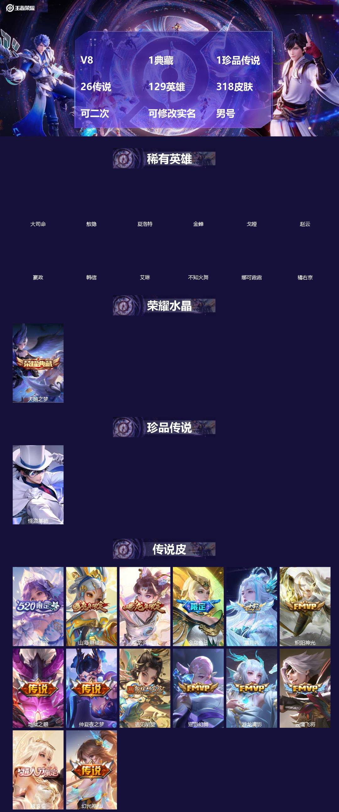 王者荣耀账号安卓QQ[19643959]V8 1典藏 1珍品传说 26传说 129英雄 318皮肤 可二次 可修改实名 